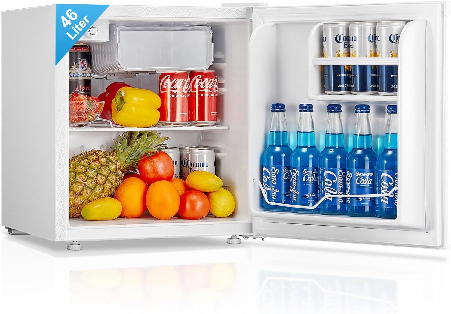 FOHERE Mini Fridge with Ice Box, 46L Table Top Larder, Reversible Door, 7 Adjustable Temperature Levels, E rated, 42 dB Low Noise, Adjustable Feet, Energy Efficient, White