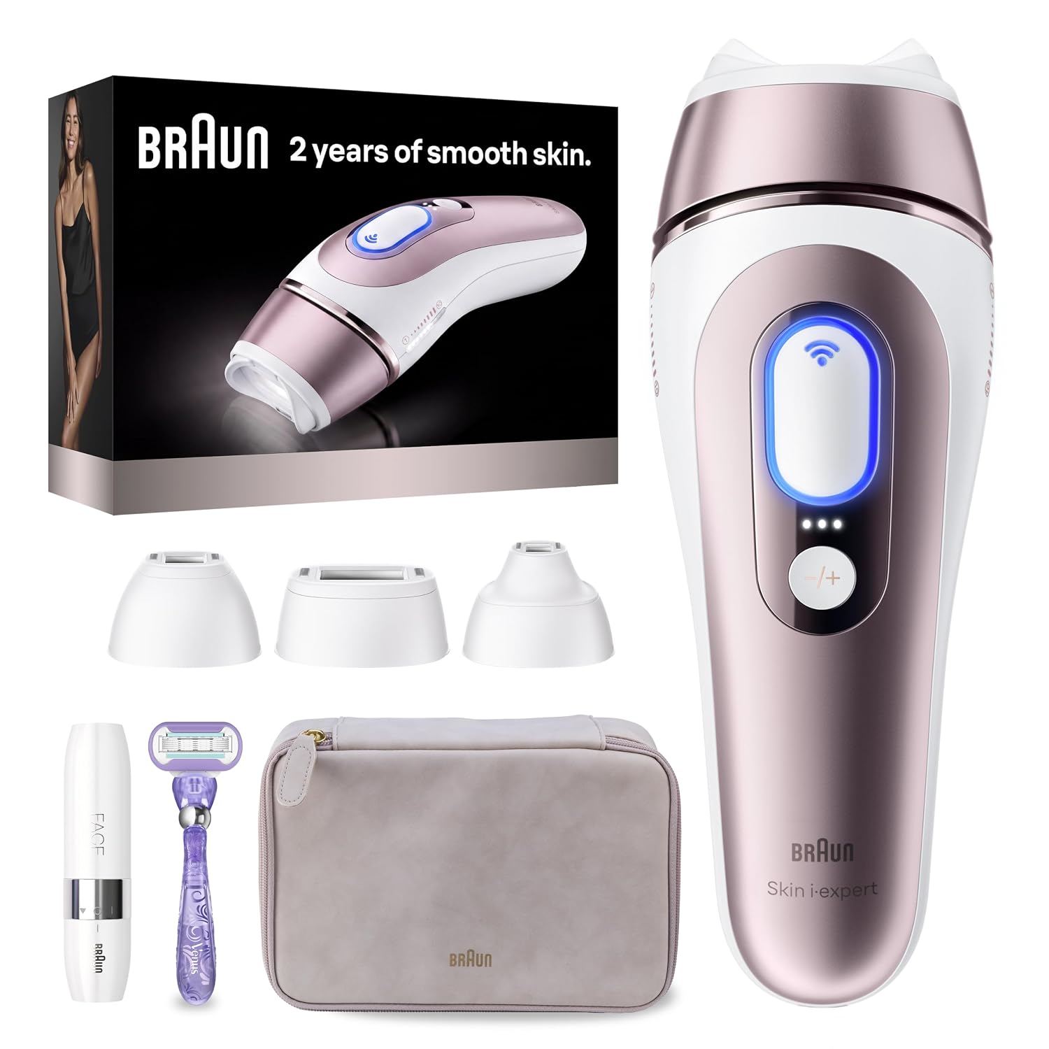 Braun Skin i-Expert Smart IPL PL7219 at Home Laser Hair Removal for Women and Men with App, Premium Pouch, Venus Razor, 2 Smart Heads, Facial Trimmer