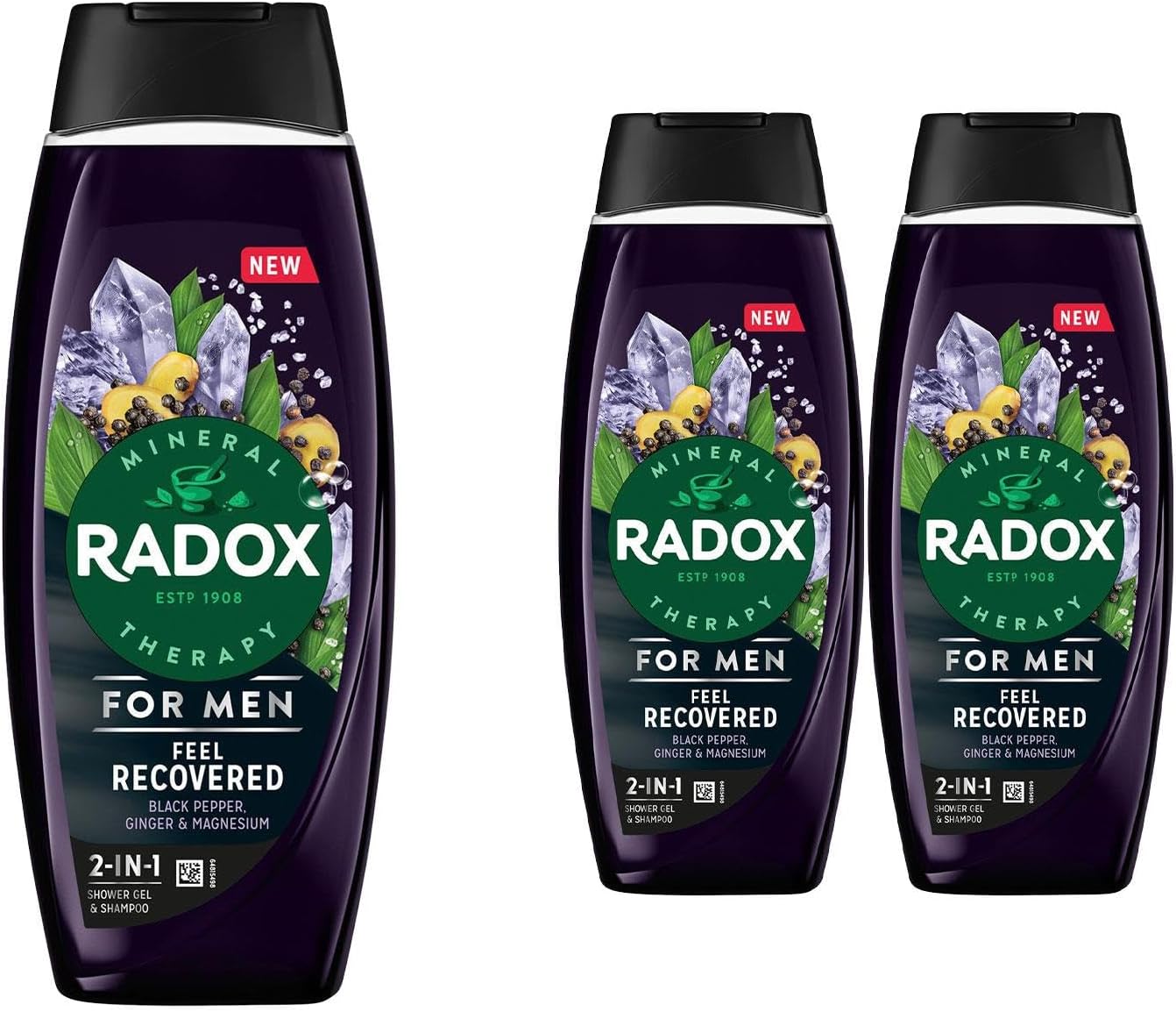 Radox Mineral Therapy 2-in-1 Shower Gel & Shampoo Feel Recovered, Pack of 3, Men's Body Wash Enriched with Magnesium 4 Minerals and 13 Herbs, Black Pepper and Ginger Scent, 450 ml