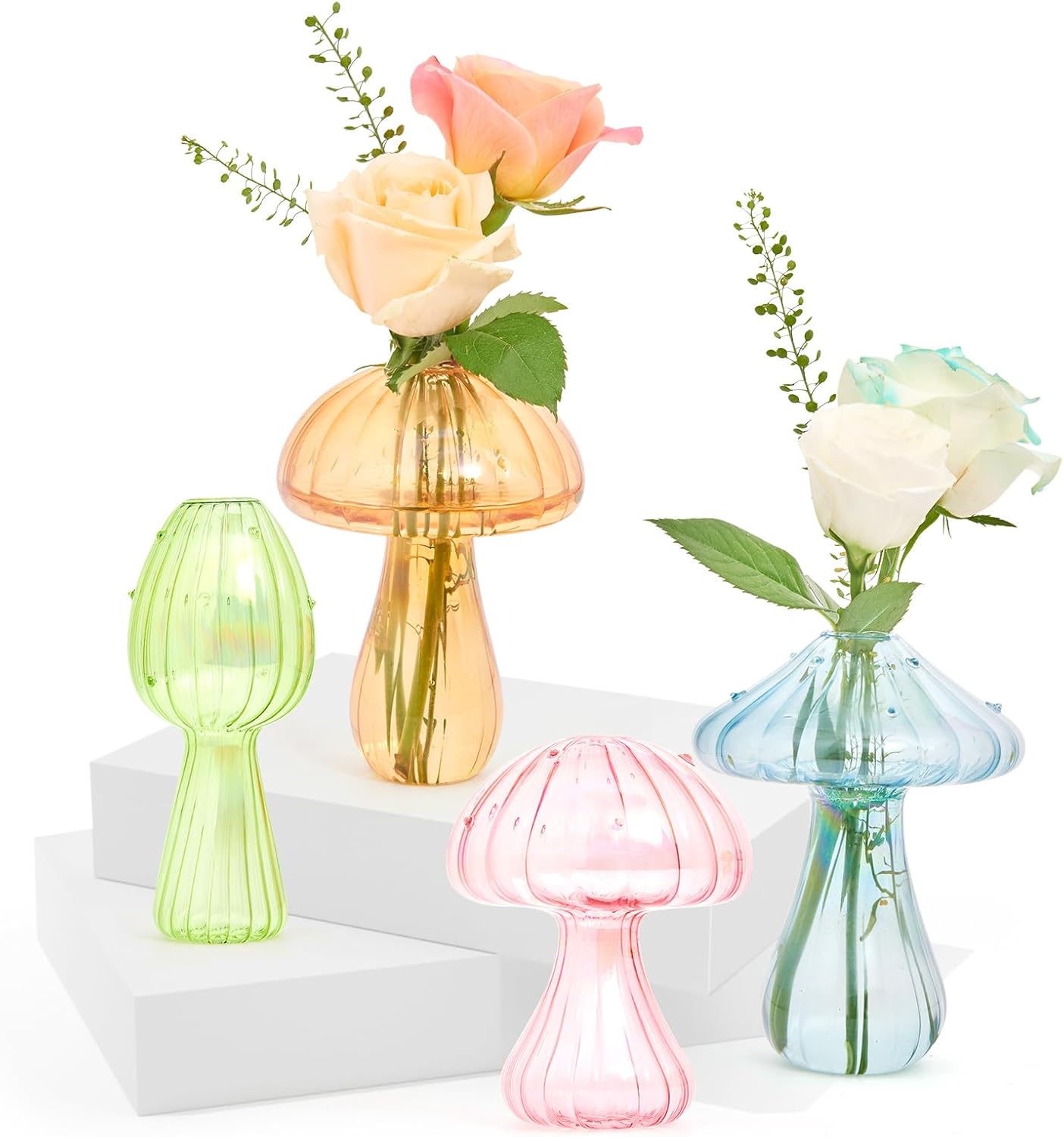 XXXFLOWER Plant Propagation Stations 4PCS Colourful Glass Bud Vase Small Flower Vases for Table Decoration Sweet Pea Vase in Bulk for Flowers Glass Mushroom Gifts for Home Wedding Decor
