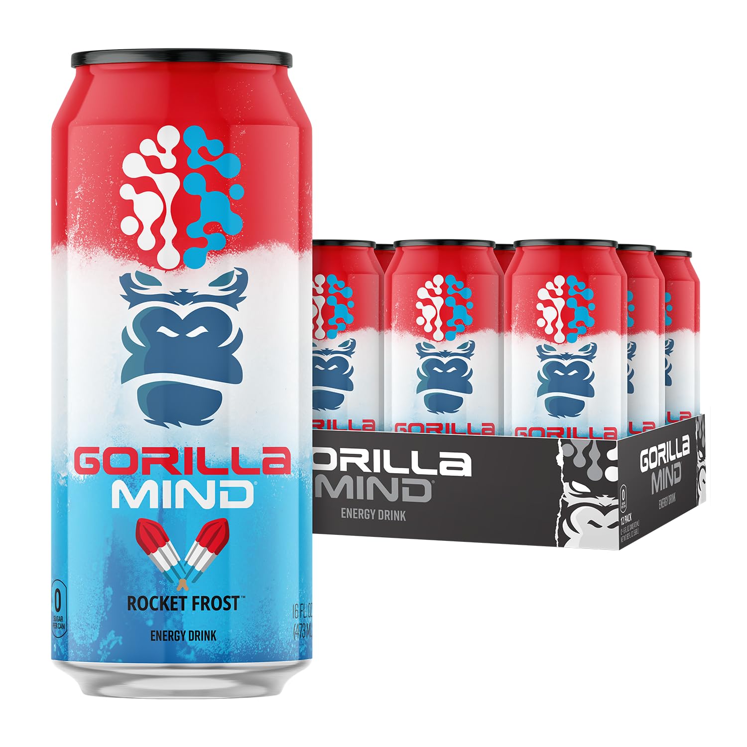Gorilla Mind Energy Drink | Unmatched Energy · Amplified Focus | N-Acetyl-L-Tyrosine, Alpha-GPC, 200mg Caffeine, Uridine, Saffron | 0 Sugar Or Artificial Colors | 16oz, 12-Pack (Rocket Frost)