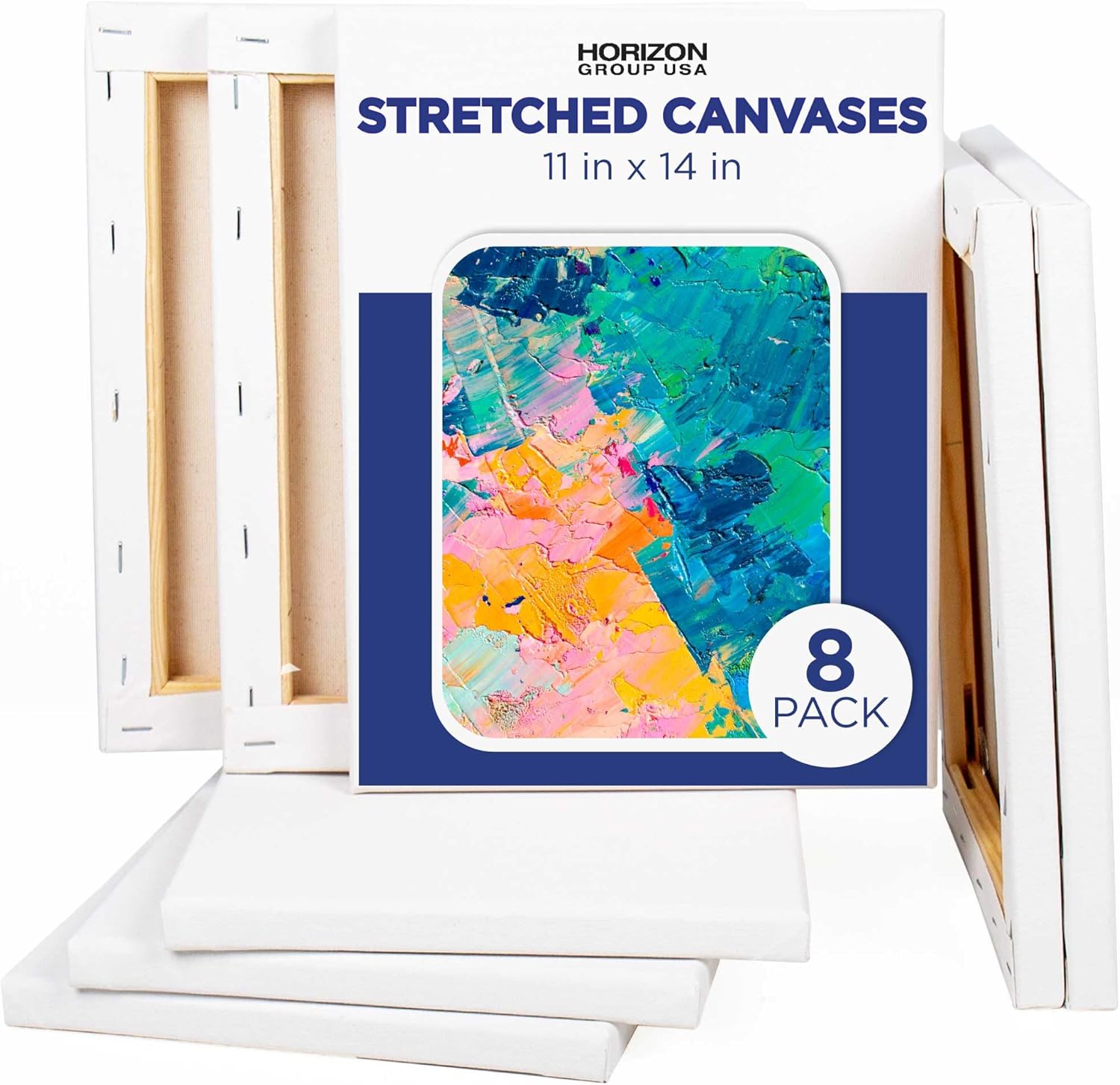 Horizon Group USA Stretched Canvas 11"" x 14"" 8 PK, 16mm Thick, 100% Cotton, for Painting, Pouring, Oil Paint, Multi-Media Art, 8-Pack (204039)