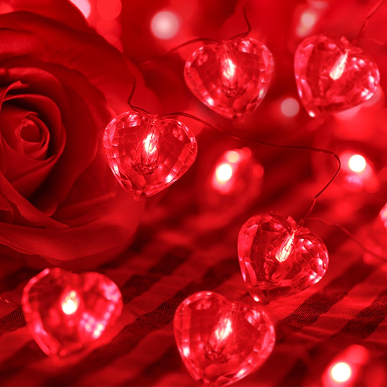 Luditek 50 LED Diamond Cut Red Heart Twinkle Fairy String Lights for Valentines Weddings Dating Garland Indoor Outdoor Home Decorations, 8 Lighting Modes with Timer