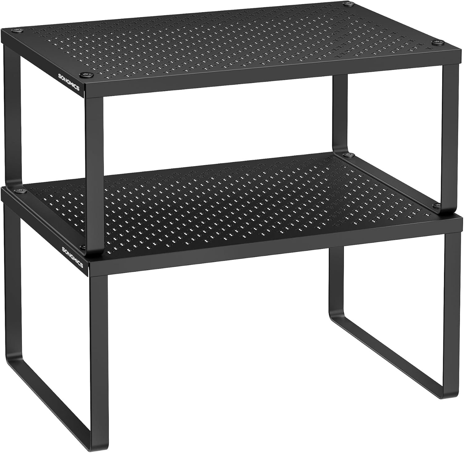 SONGMICS Spice Racks, Set of 2 Cupboard Organisers, Kitchen Storage, Stackable, Expandable, Metal Counter Shelves, Ink Black KCS001B01