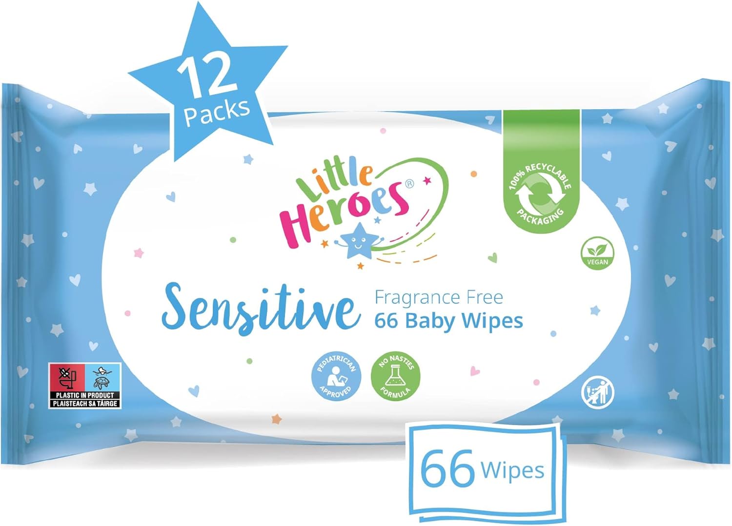 Little Heroes Sensitive Baby Wipes, Fragrance Free (12 packs x 66 wipes totaling 792 wipes)