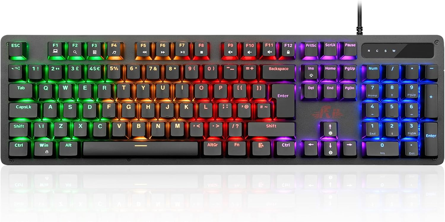 Rii Mechanical Keyboard Full Size,RGB Wired Gaming Keyboard UK Layout | Blue Switches,Anti-Ghosting,104 Keys,22 RGB Backlit Modes,Broad Compatibility:PC PS5,etc.with Numeric Keypad