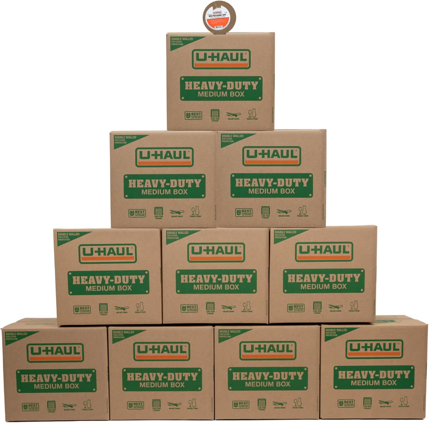11-Piece U-Haul Medium Heavy-Duty Double Wall Moving & Shipping Boxes - Pack of 10 Boxes with Handles - 18-1/8” x 18” x 16” (L x W x H) - Bonus Roll of Tape Included