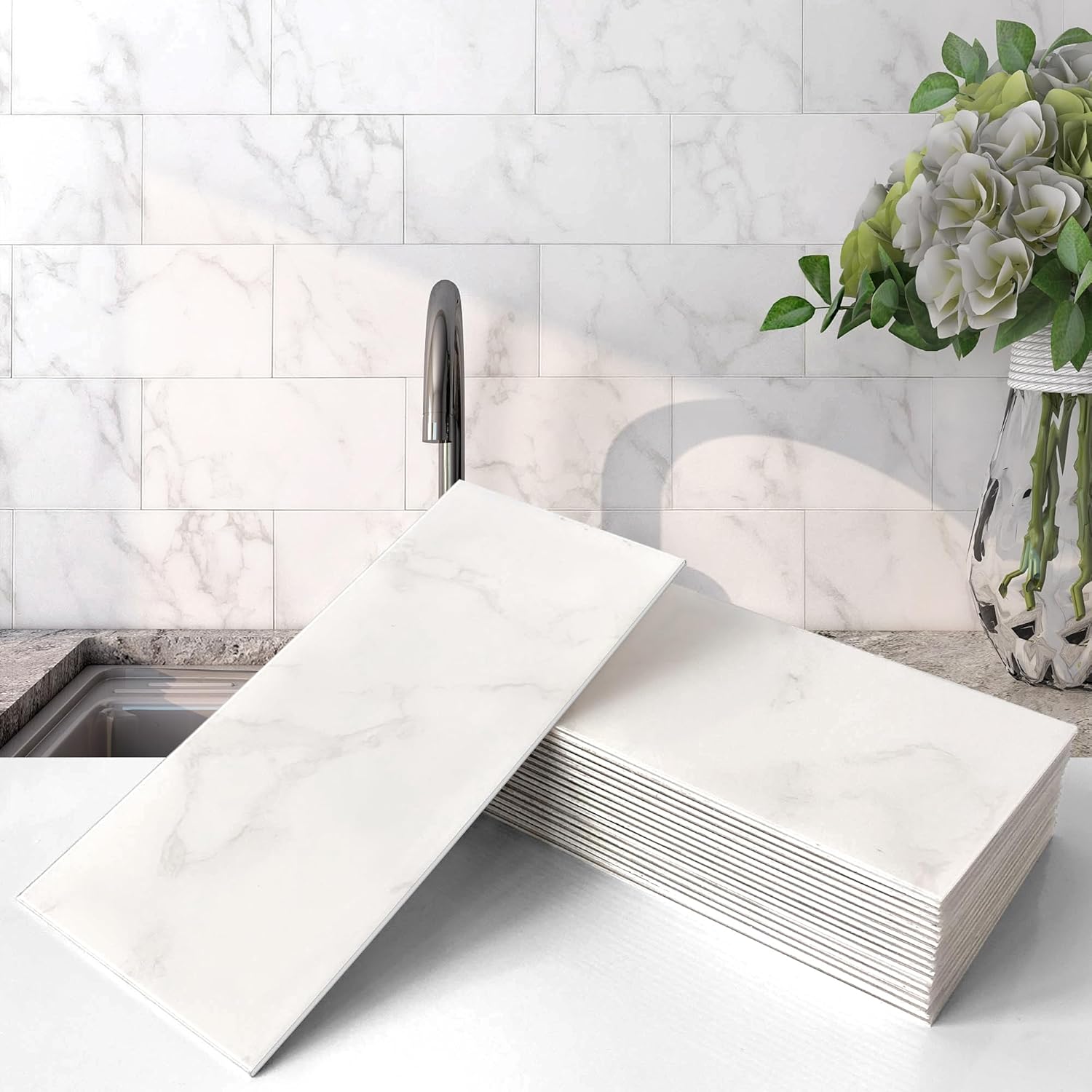 VAOVI Large Subway Self Adhesive Wall Tiles Bathroom,Stick on Kitchen Tile Stickers Marble Shower Wall Panels Waterproof 100x200mm(23Tiles,Carrara White)