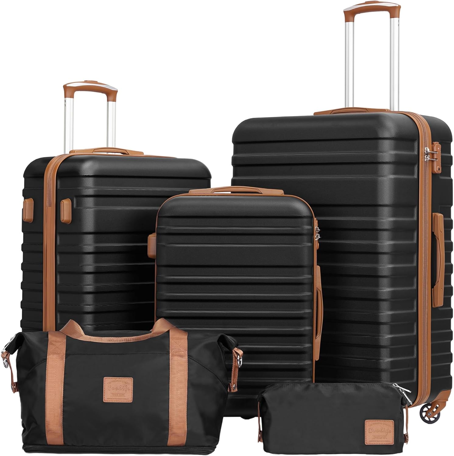 COOLIFE Suitcase Trolley Carry On Hand Cabin Luggage Hard Shell Travel Bag Lightweight with TSA Lock,The Suitcase Included 1pcs Travel Bag and 1pcs Toiletry Bag (Black/Brown, 5 Piece Set)