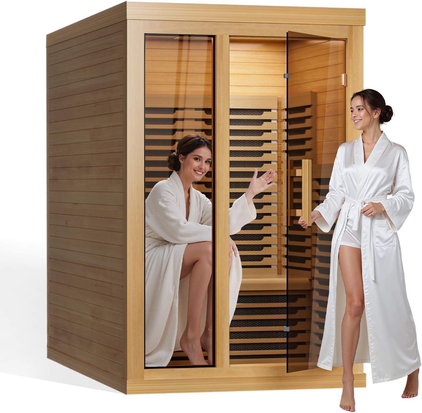 Far Infrared Wooden Sauna Low EMF- 2 Person Personal Sauna for Home Use, Full Spectrum Infrared Sauna, Dual Tempered Glass & Bluetooth Speakers - Indoor Sauna 2000W, Wood Color