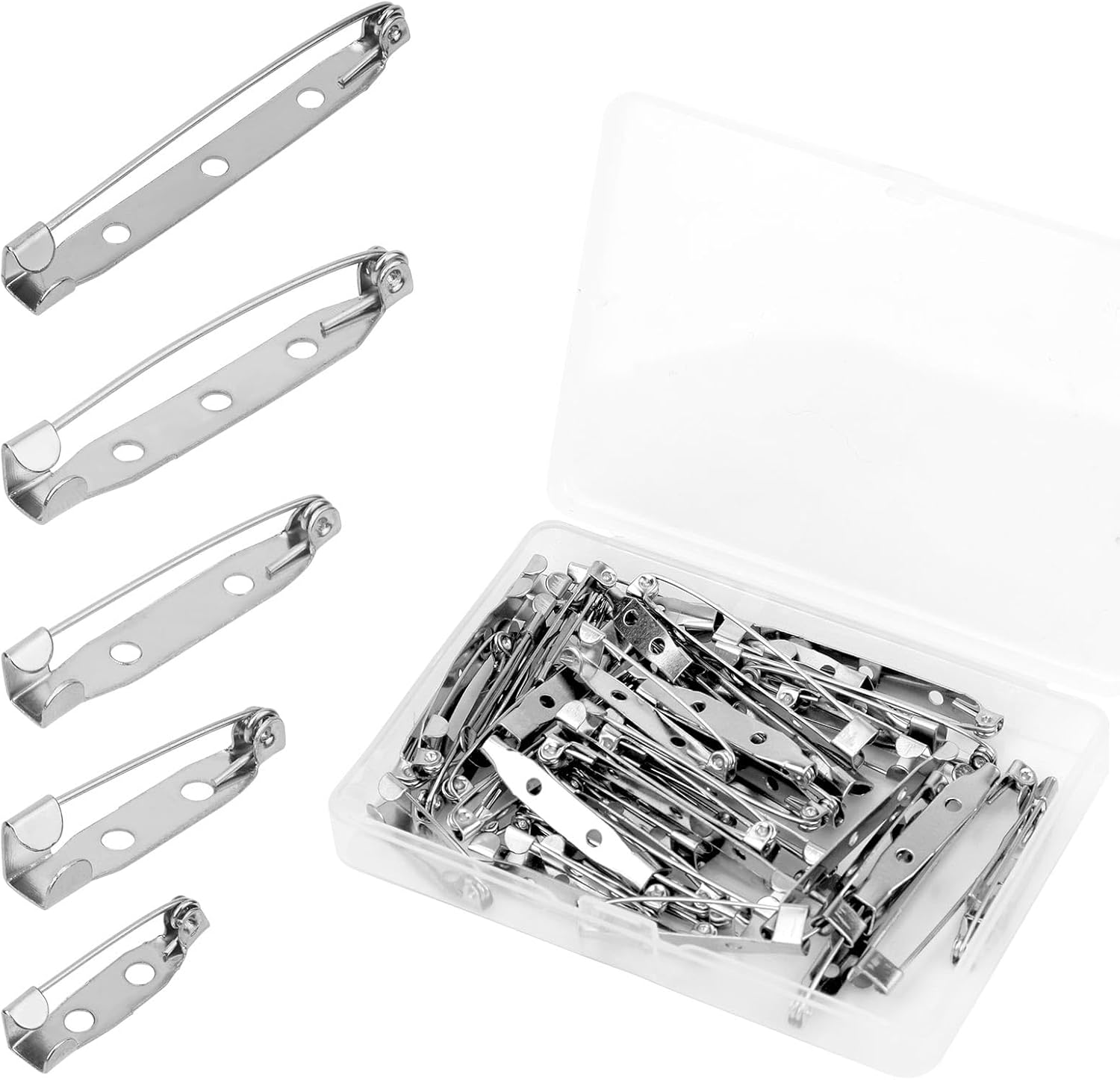 50pcs Brooch Pin Backs for Crafts, 5 Sizes Bar Pins Silver Metal Flat Back Safety Pins Clasp Pin Backs for DIY Locking Jewelry Making Badge Name Tag Tie Tacks Citation Bars Corsage
