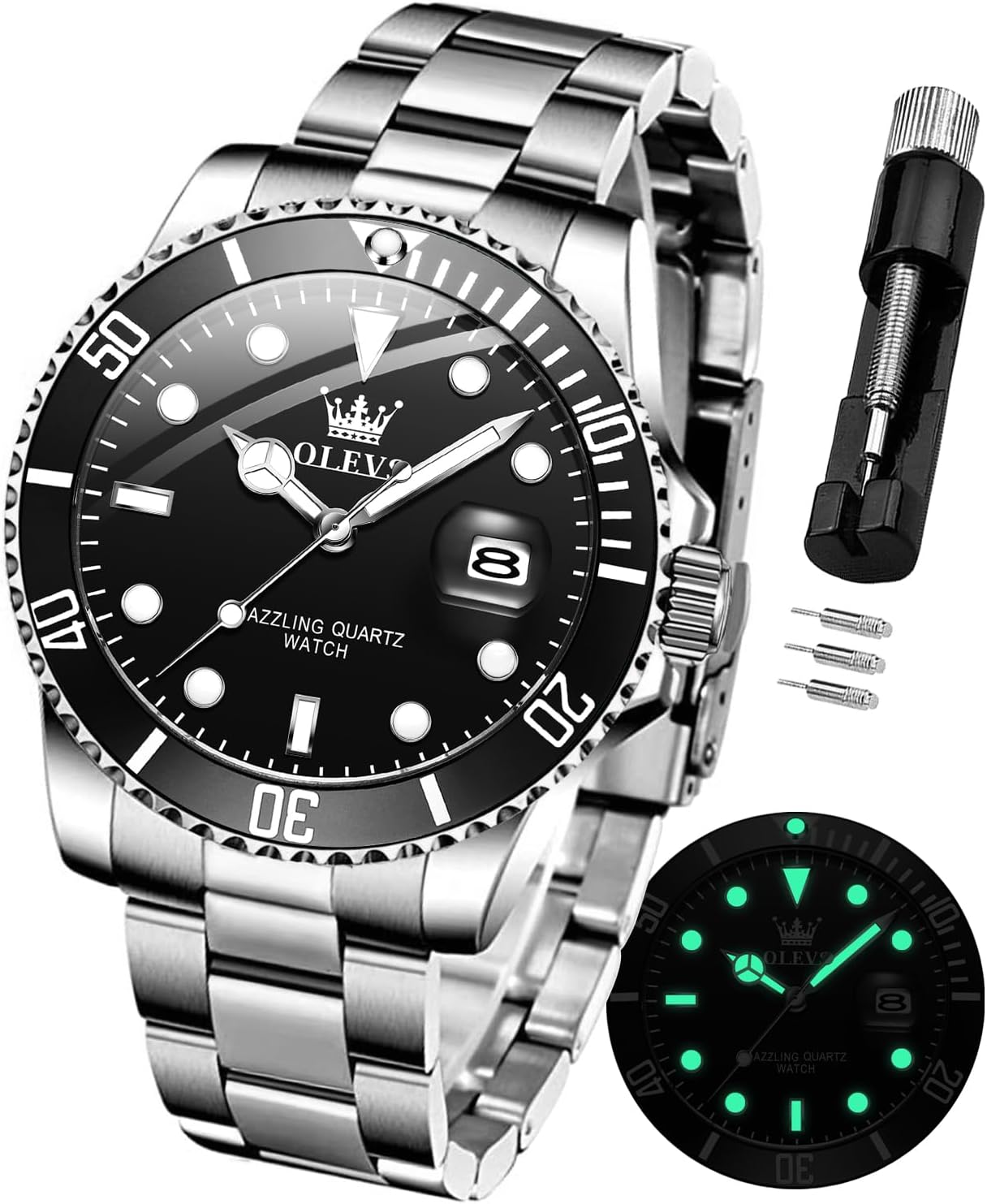 OLEVS Watches for Men Stainless Steel Analog Quartz Chronograph Moon Phase Watch Waterproof Date Luminous Wrist Male Watches,Gift for Men