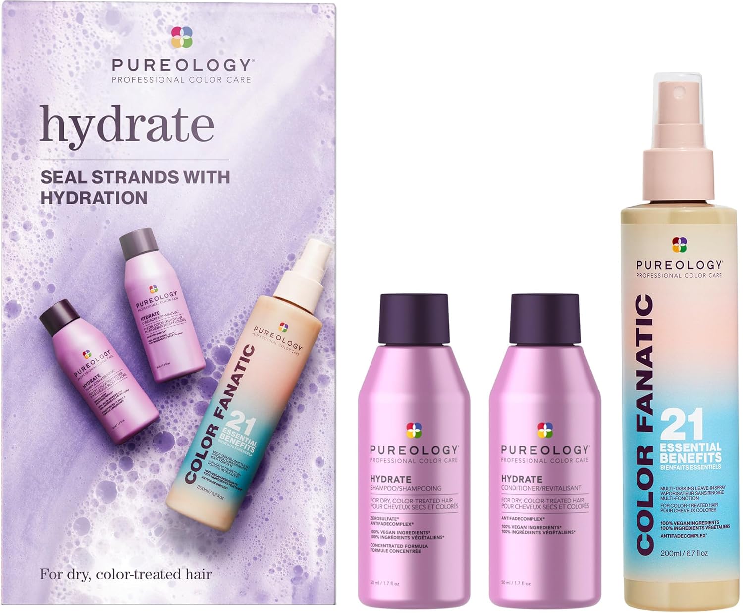 Pureology Hydrate Discovery Set for Dry Hair, Shampoo and Conditioner 50ml with Color Fanatic Spray 200ml