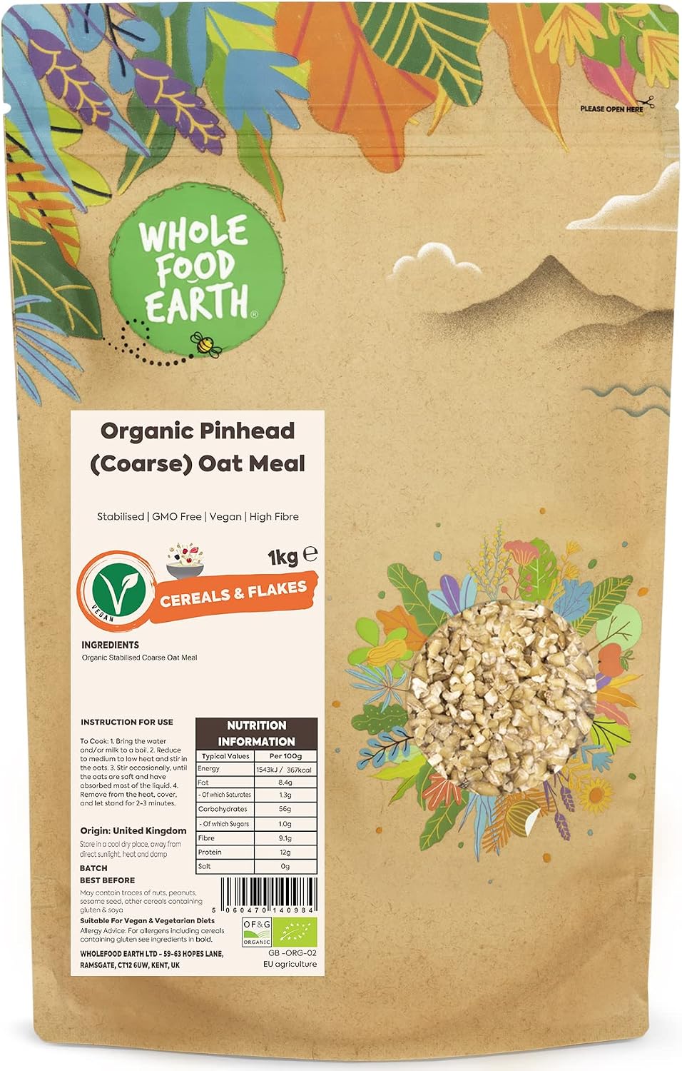 Wholefood Earth Organic Pinhead (Coarse) Oat Meal – 1kg | Stabilised | GMO Free | Vegan | High Fibre | Certified Organic