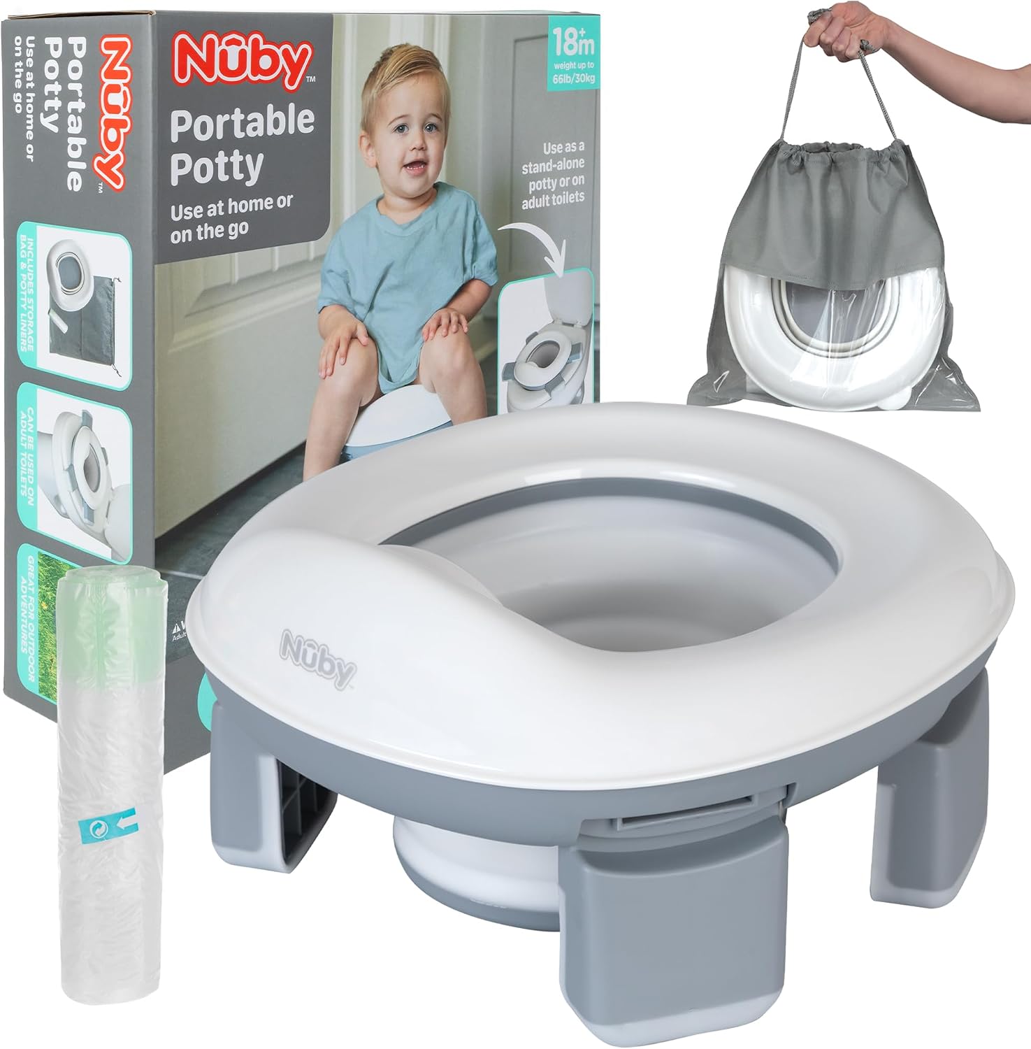 Nuby Go Potty Portable Toddler Toilet, Non-Slip, Travel Ready, Splash Guard, Suitable for 18+ Months (20 Disposable Bags Included)