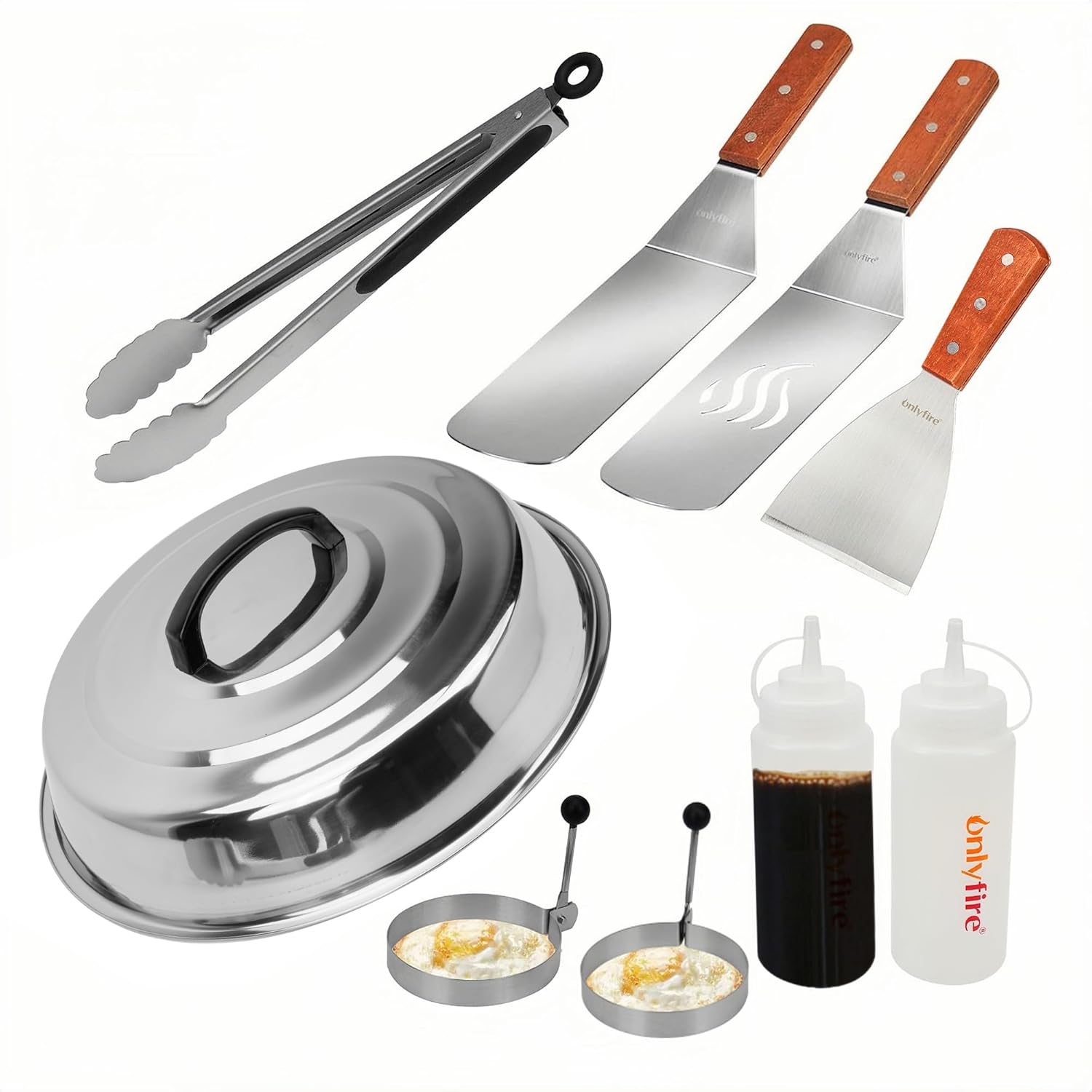Onlyfire FPA-5117 Professional BBQ Griddle Spatula Tool Kit Great for Grill Griddle Flat Top Cooking Camping, with One 12” Melting Dome, 9 pcs