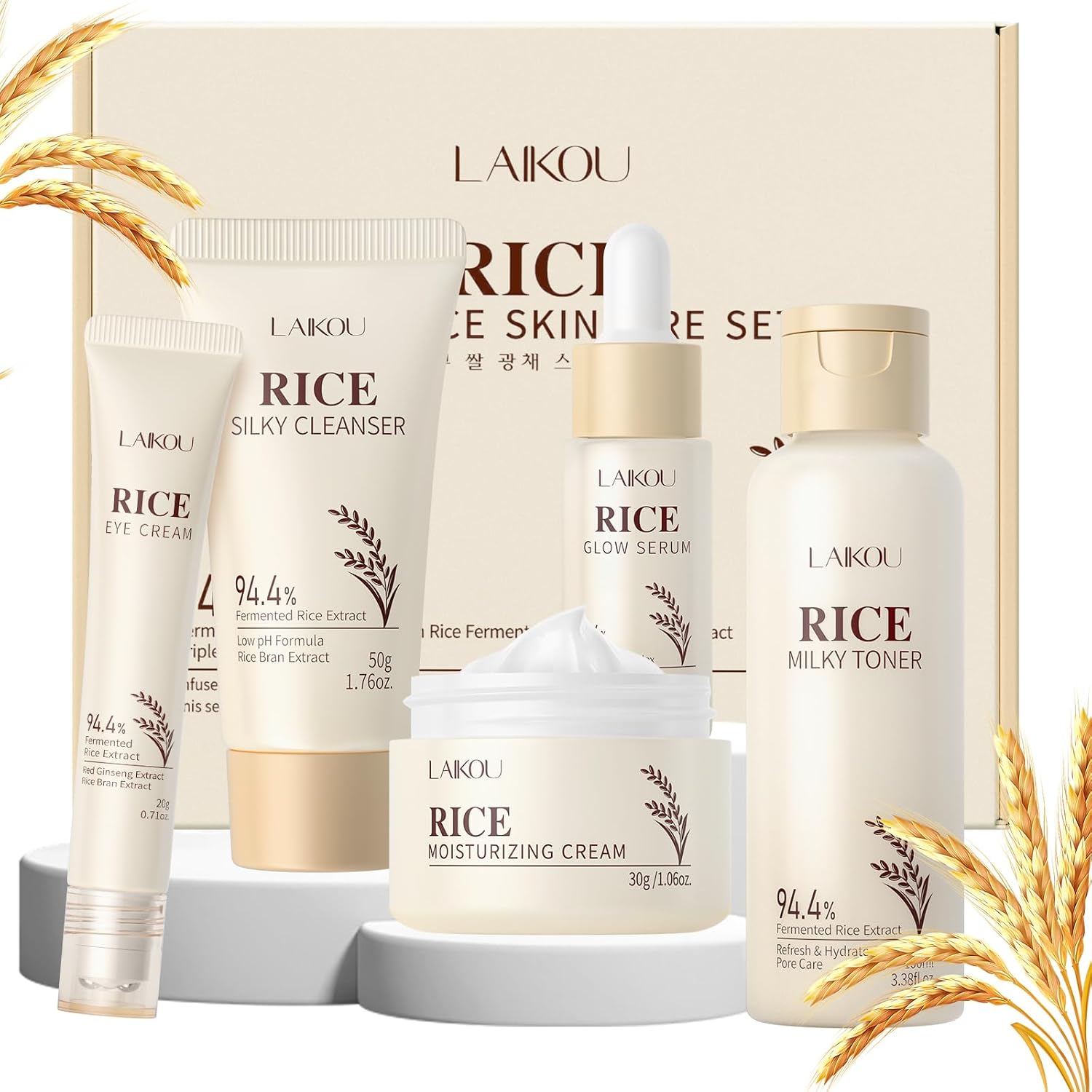 LAIKOU Skincare Set, Korean Rice Skin Care Sets & Kits, Cleanser, Toner, Serum, Eye Cream & Moisturizer, Christmas Birthday Gifts for Women Teenage Girls Mom Friend, Travel TSA-friendly Sizes 5pcs