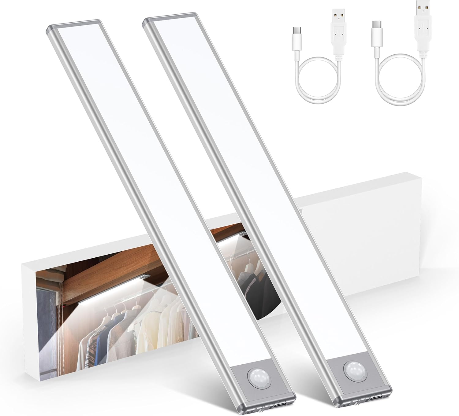 LED Under Cabinet Lighting, Motion Activated Under Cabinet Lights, Stick-on Magnetic Closet Light, Under Counter Lighting Wireless,48 LED Night Lights for Kitchen, Wardrobe (2 Packs)