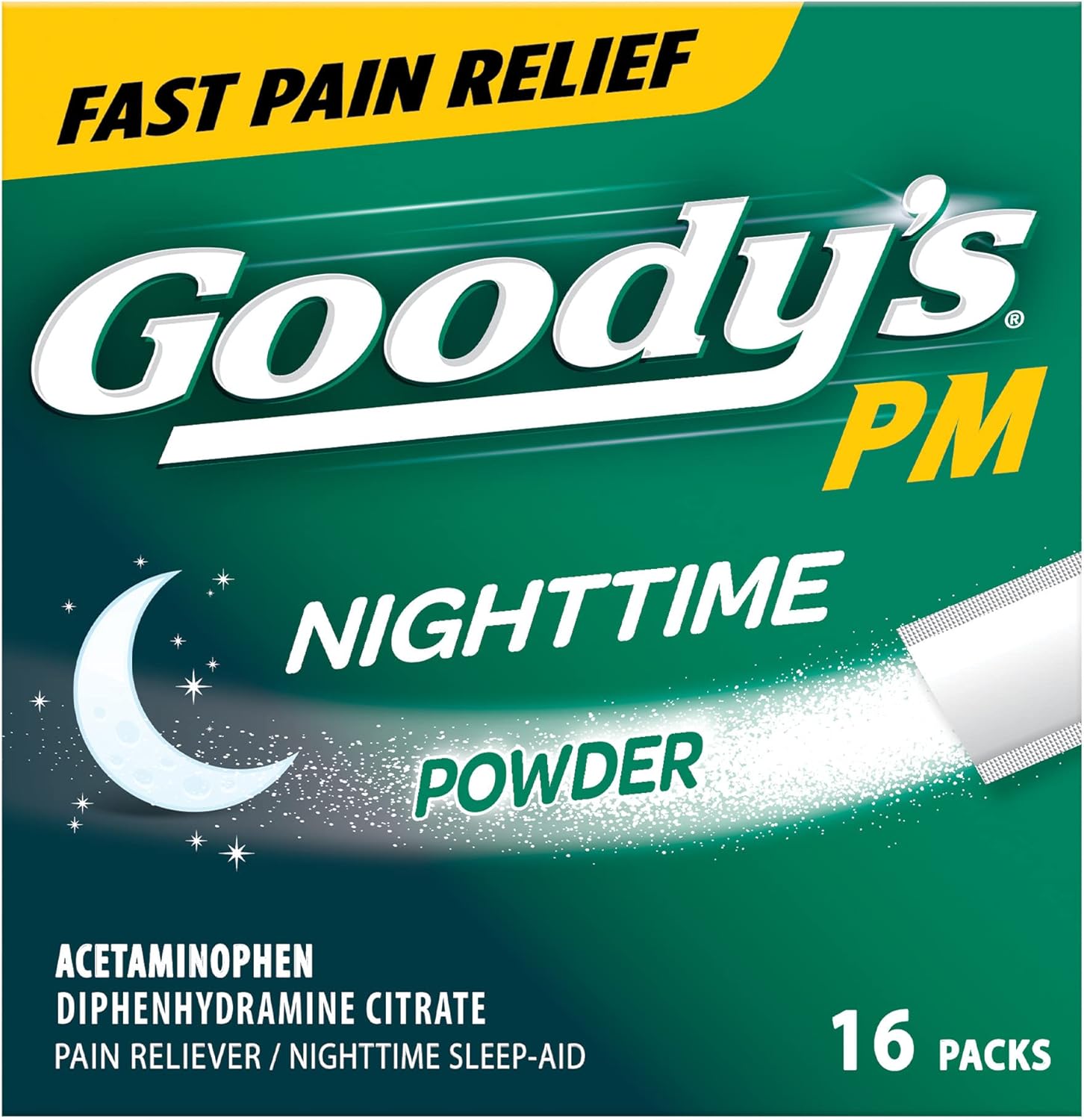Goody’s PM Nighttime Pain Relief Powder, Fast-Acting Headache Relief with Acetaminophen, Caffeine Free, Dissolve Packs, 16 Count