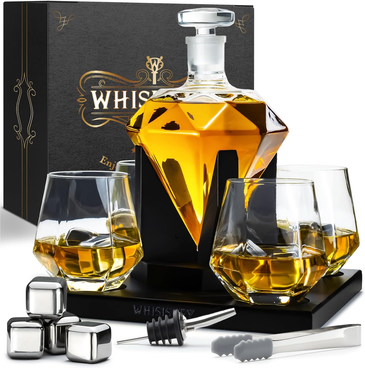 WHISISKEY Whiskey Decanter Set - Whiskey Glasses - Whisky Gift Sets for Men