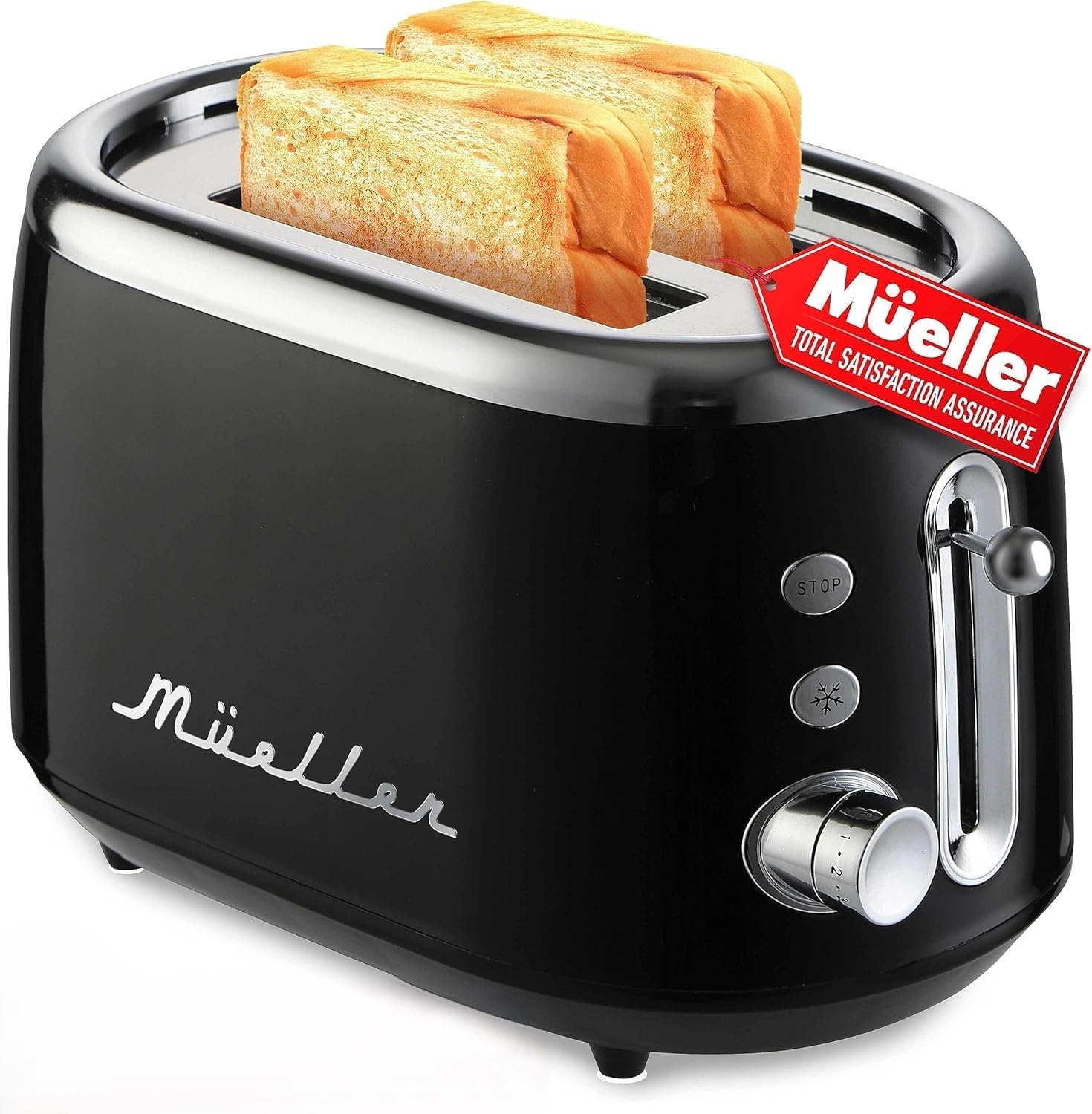 Mueller Retro Toaster 2 Slice with 7 Browning Levels and 3 Functions: Reheat, Defrost & Cancel, Stainless Steel Features, Removable Crumb Tray, Under Base Cord Storage, Black
