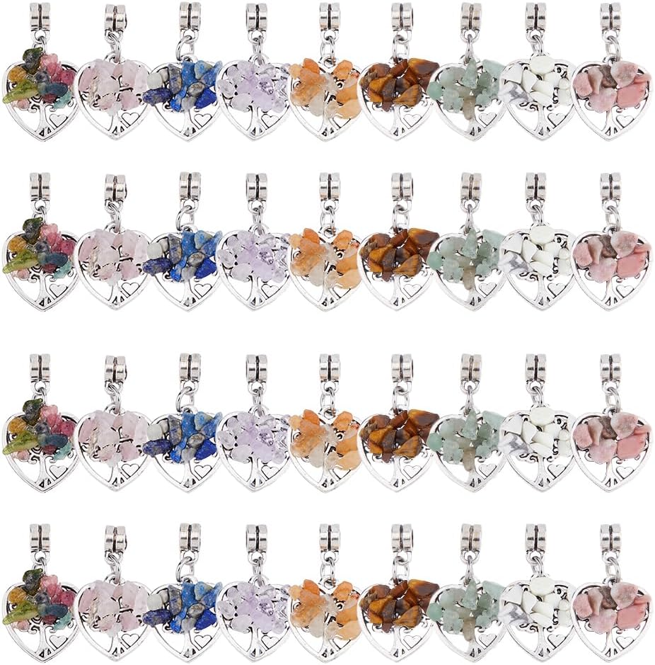 SUPERFINDINGS 36Pcs Tree of Life Pendant Charms Antique Silver Wire Wrapped Crystal Pendants Quartz Heart Pendants for Jewelry Making Necklace Earrings Bracelet DIY, Hole: 2mm