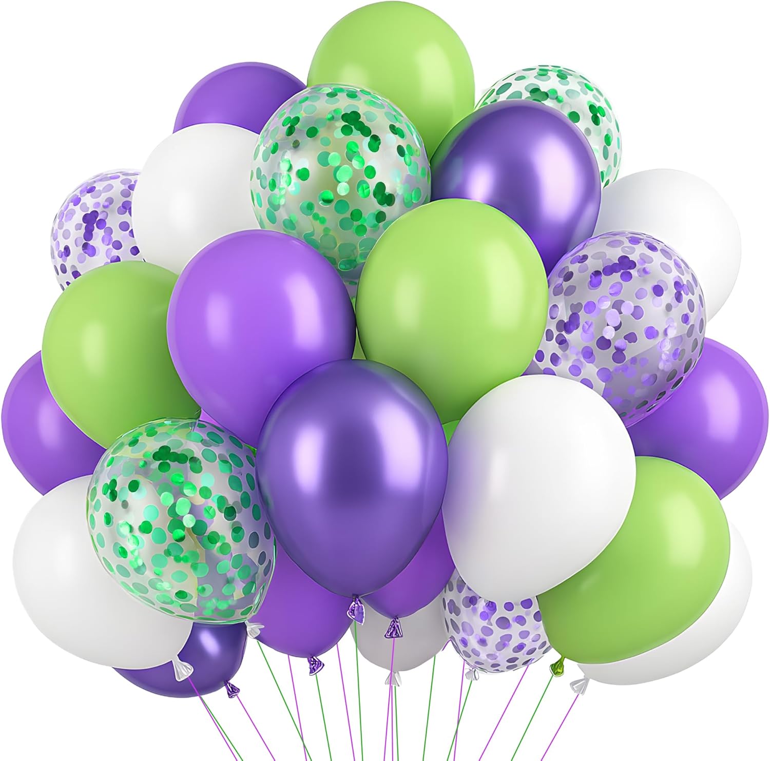 KatchOn, Purple Green and White with Confetti Latex Balloons - 48 Pcs | Mermaid Balloon, Purple and Green Gender Reveal Decorations | Halloween Decor | Baby Shower, Anniversary, Birthday Decorations