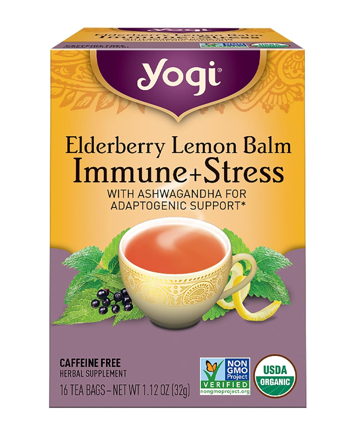 Yogi Tea Organic Lemon Balm Elderberry Immune Stress Tea, 16 CT