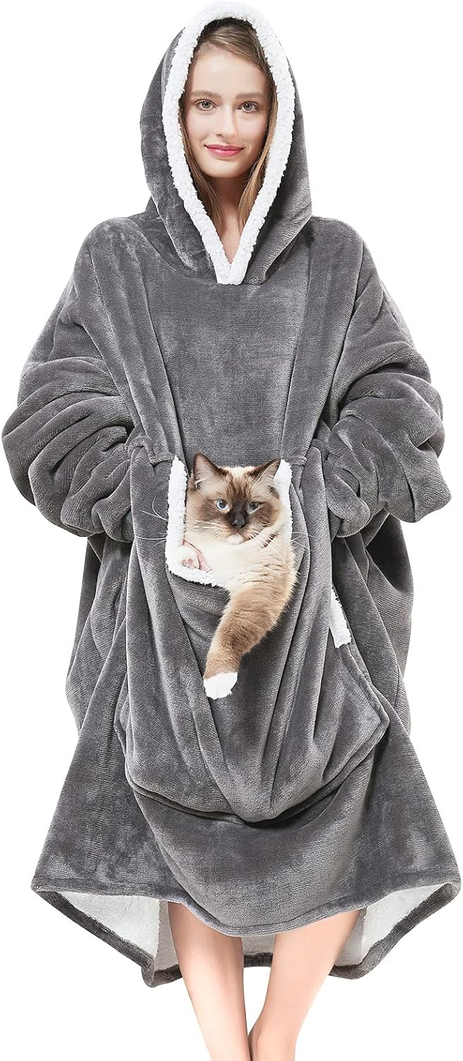 Wearable Blanket Hoodie with Giant Pocket (Pet Won't Leave) Extra Soft Sherpa Fleece Thick Warm & Cozy Oversized Sweatshirt Blanket Jacket with Sleeves-Grey