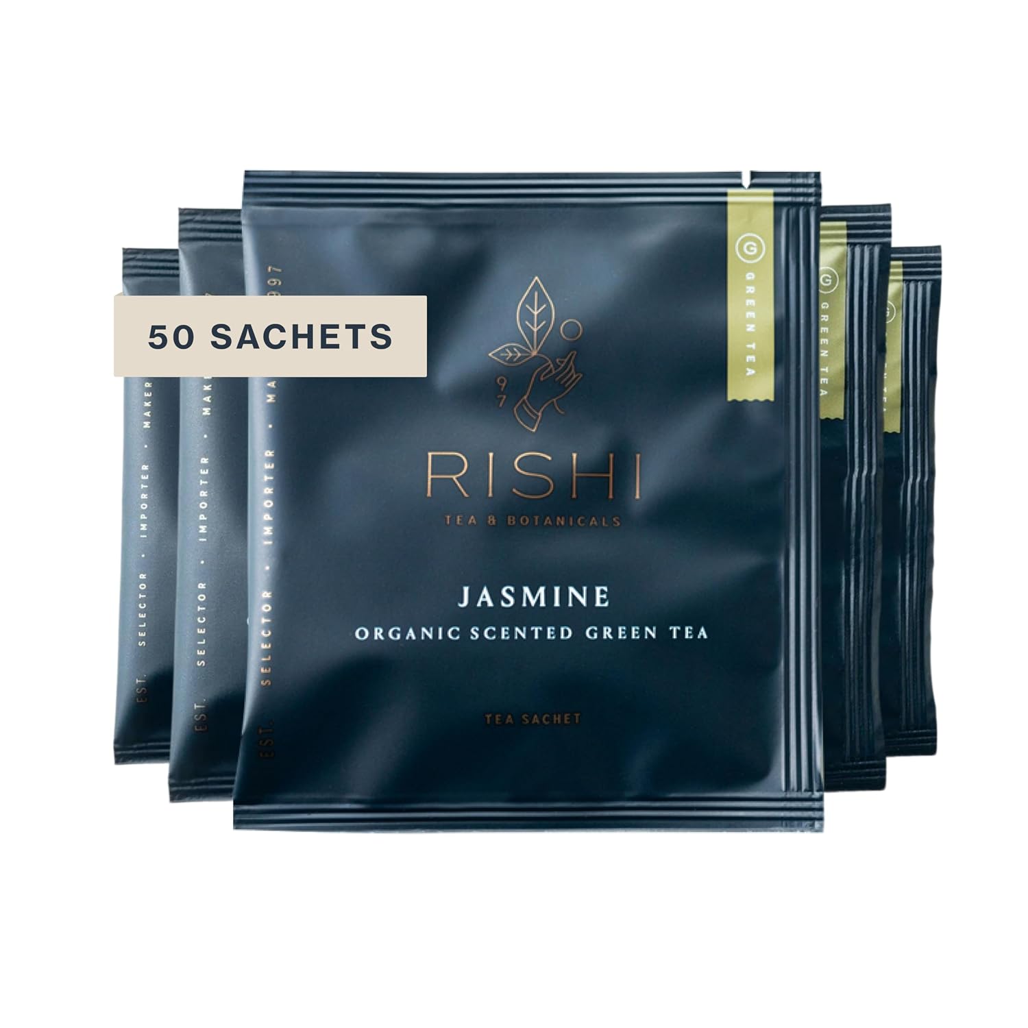 Rishi Tea Jasmine Organic Chinese Green Sachet Tea Bags, Caffeinated, 50ct | Floral Aroma and Taste, Jasmine Flower, Calm, Sustainable, 50 Servings