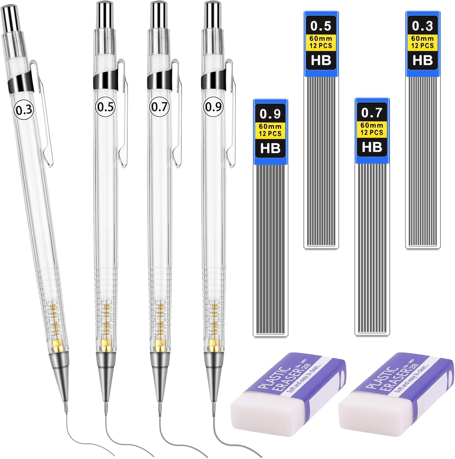 Tikplus Mechanical Pencil Set, 0.3, 0.5, 0.7, 0.9mm, Automatic Pencil, 4 Pcs Pencils with with 48pcs Lead Refills and 2 Rubber, for Students Writing,Skeching,Drawing (White)
