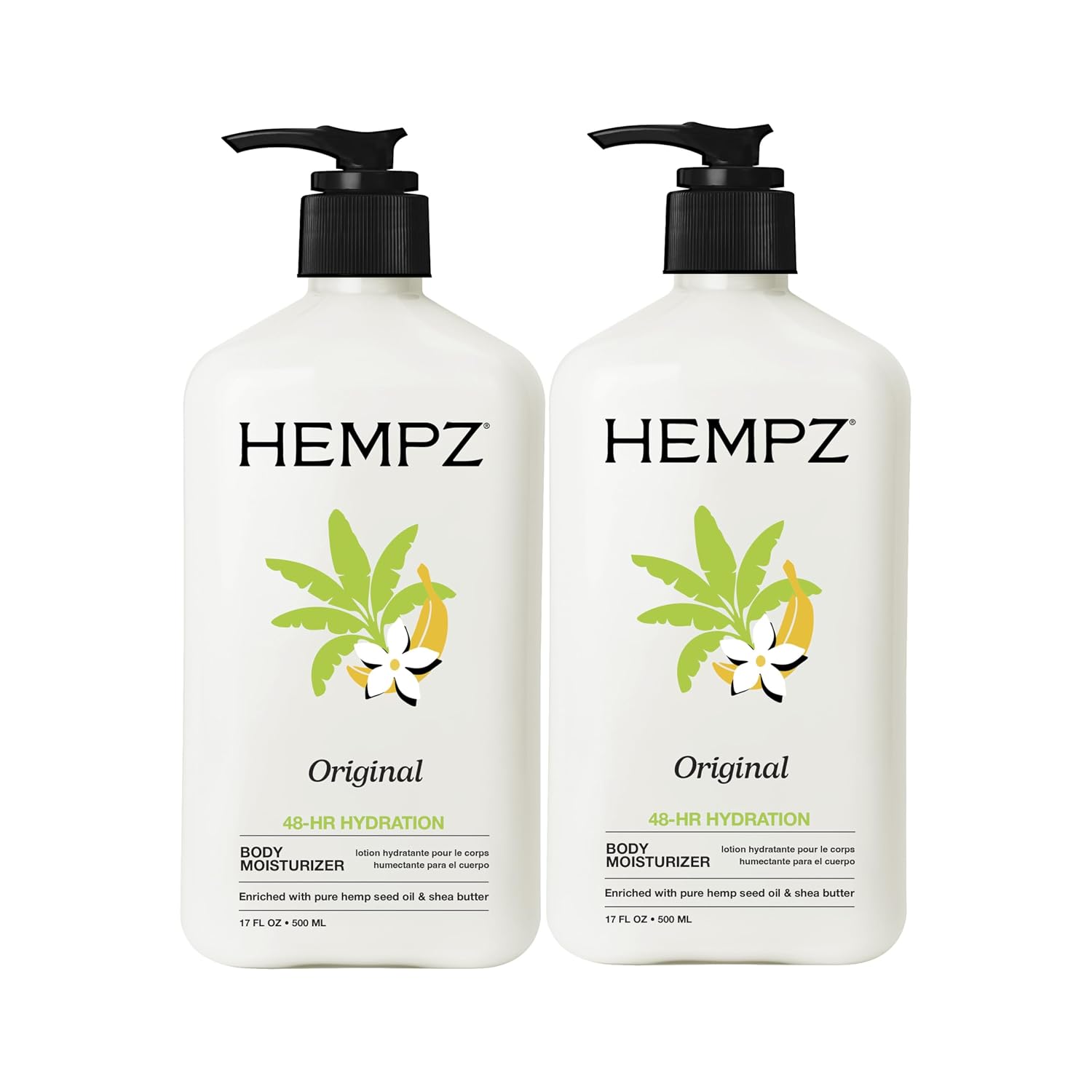 Hempz Original, Natural Hemp Seed Oil Body Moisturizer with Shea Butter & Ginseng, Pure Herbal Skin Lotion for Dryness, Nourishing Vegan Cream, Floral and Banana, 17 Fl Oz, 2 Pack