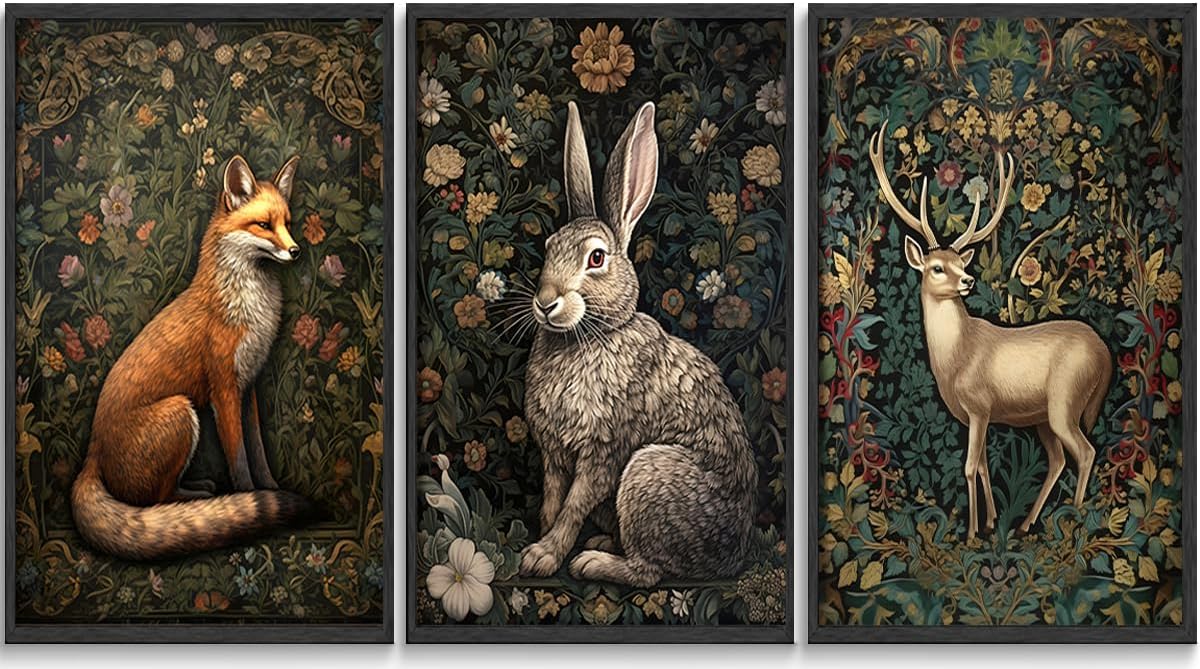 3Pcs William morris animal wall art Fox rabbit sika deer Canvas Posters Prints Forest Wild Animal Pictures Paintings Gothic Botanical Floral Oil Wall Decor for Bedroom Unframed （12"x16"x3）