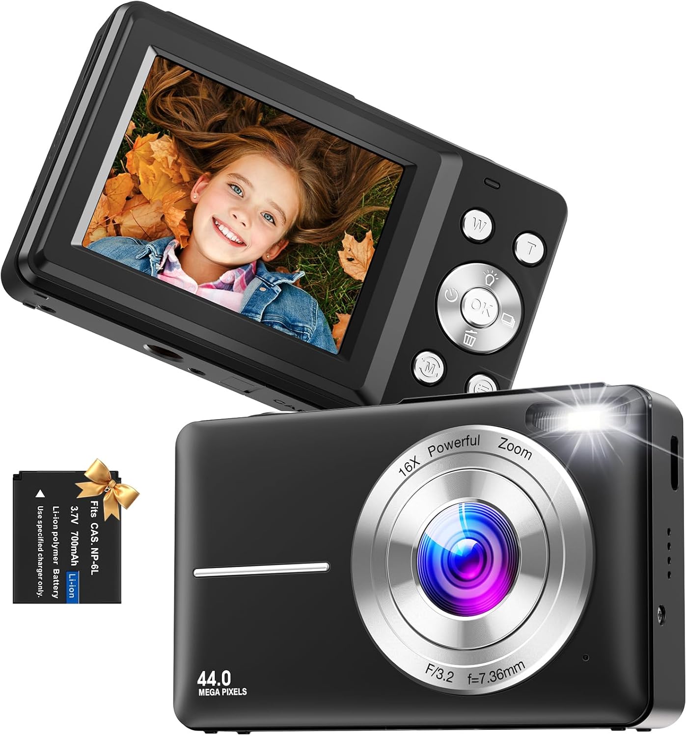 Digital Camera, Vlogging Camera Rechargeable Portable Mini Cameras FHD 1080P 44MP Compact Cameras with 16X Digital Zoom, with 1 Battery for Teens,Kids,Beginners(Black)