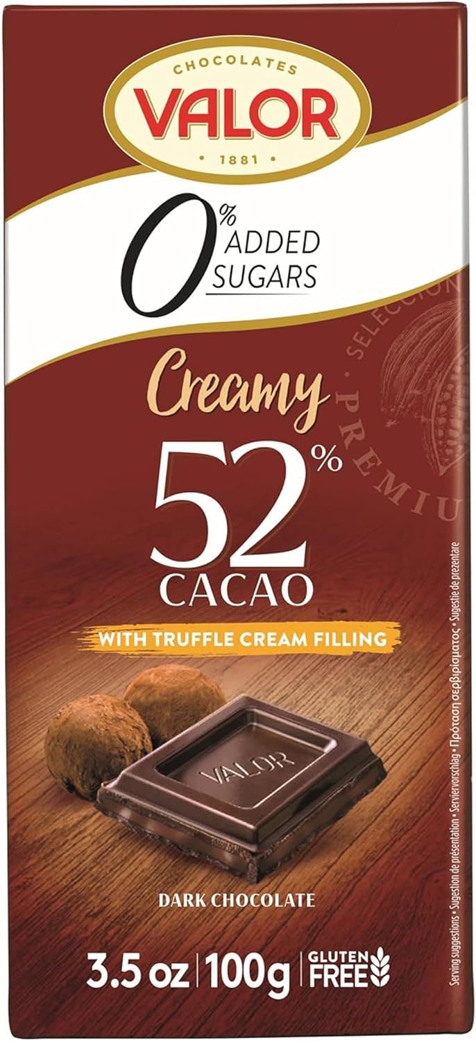 Valor Sugar Free Dark Chocolate Bar - Dark Diabetic Chocolate with Truffle Cream - Delicious Sugar free Chocolate with 52% Cacao, Sweetened with Stevia, Gluten Free, by Master Chocolatiers, 100g Bar