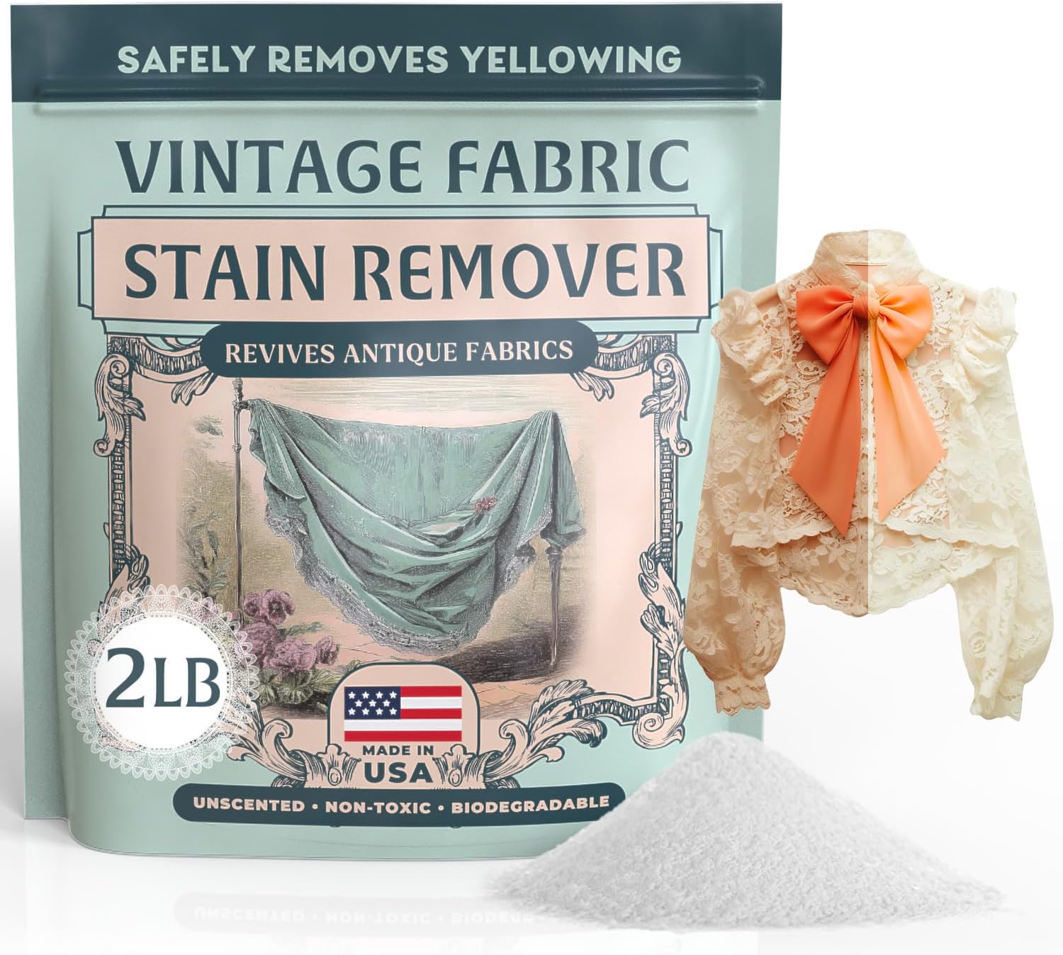 [2lb] Vintage Fabric Stain Remover - Safely Cleans Retro & Antique Textiles - Made in the USA - Gently Removes Yellowing & Tough Stains From Vintage Linens, Quilts, Dresses, Doilies, and more