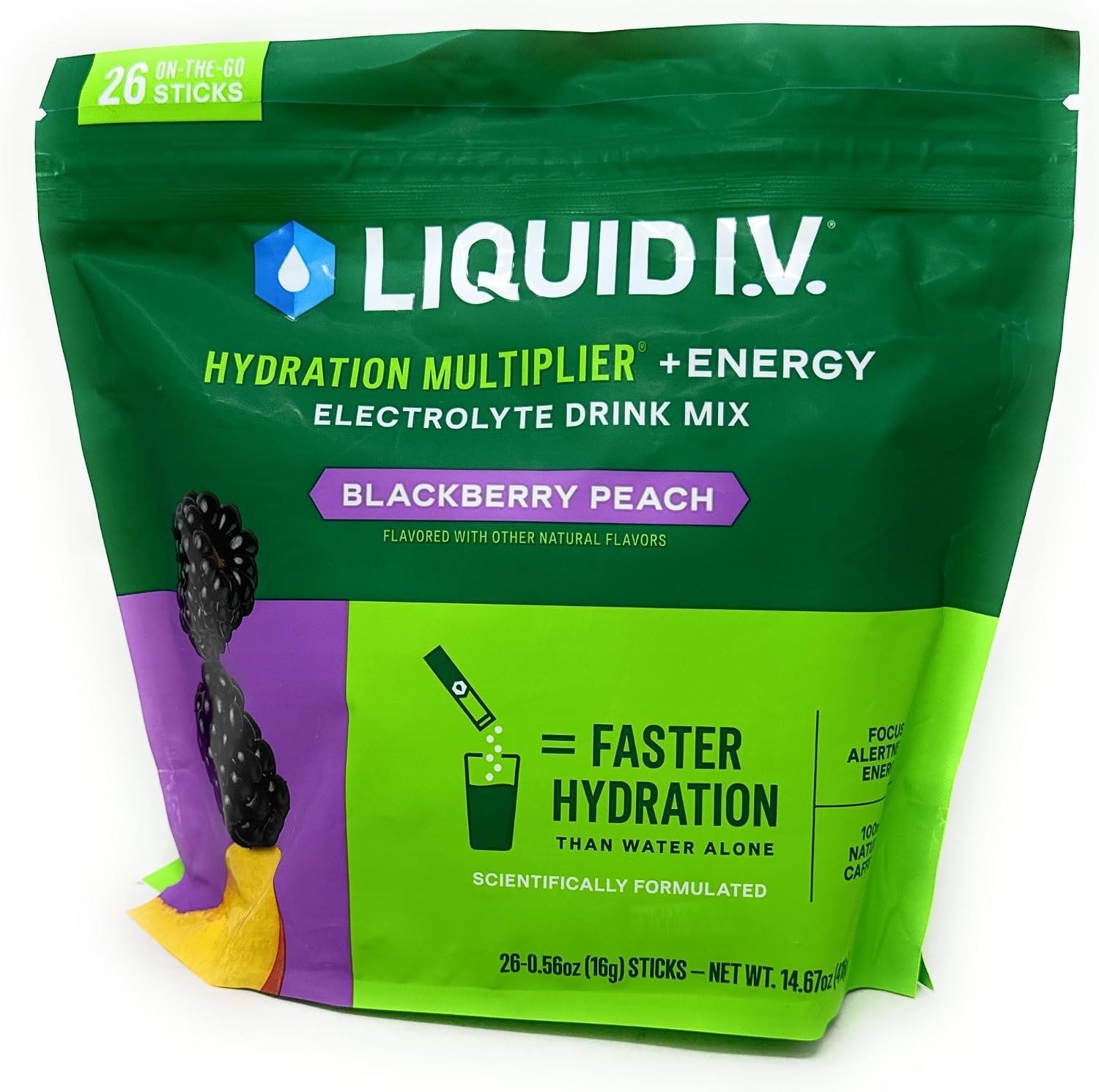 Liquid I.V. Hydration Multiplier + Energy Drink Mix, BlackBerry Peach (26 Pack)
