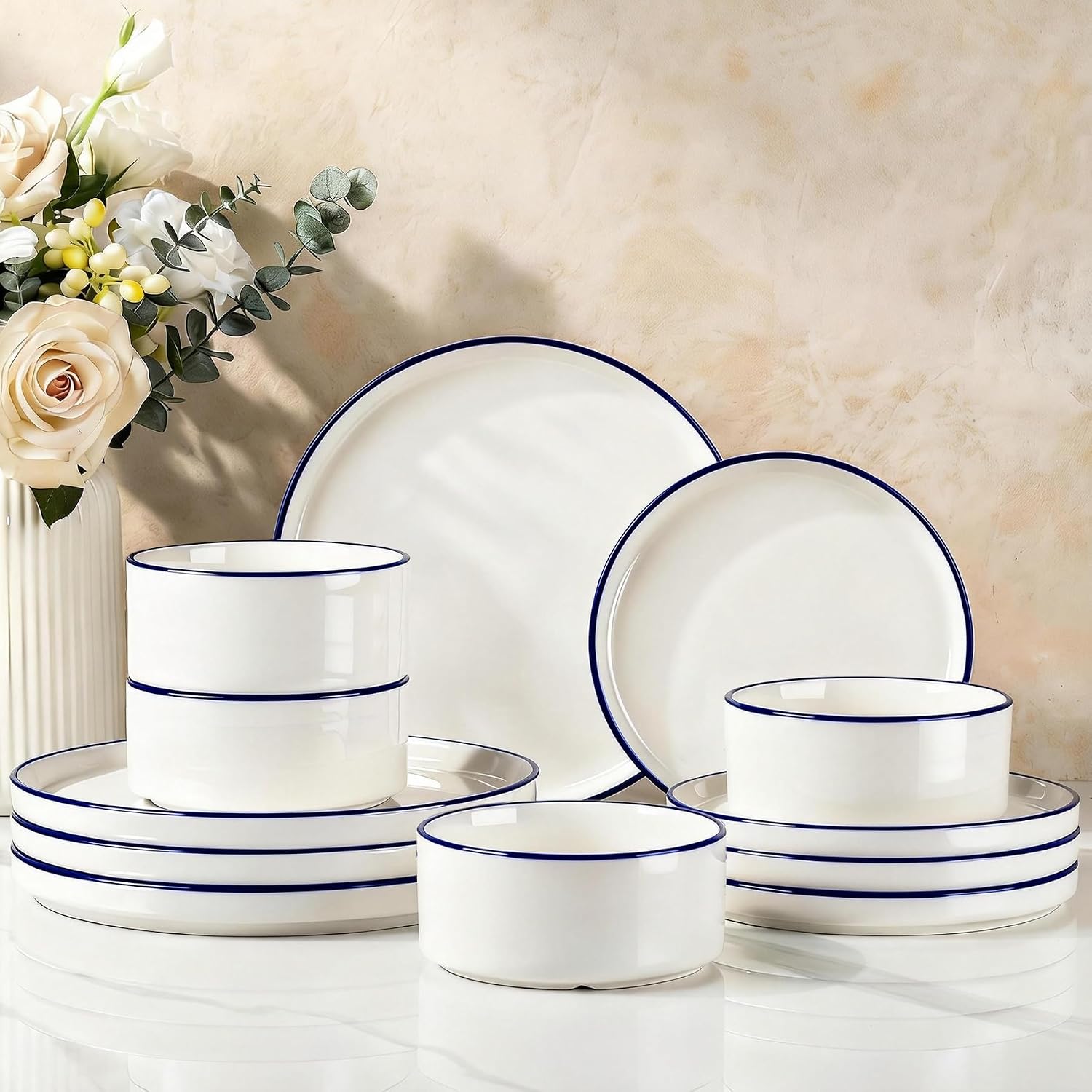 Richmount Dinner Set for 4, 12 Pieces Modern Porcelain Plates and Bowls Set, Dinnerware Sets Chip Resistant, Microwave & Dishwasher Safe, Ceramic Dish Set Service for 4, White with Blue Trim