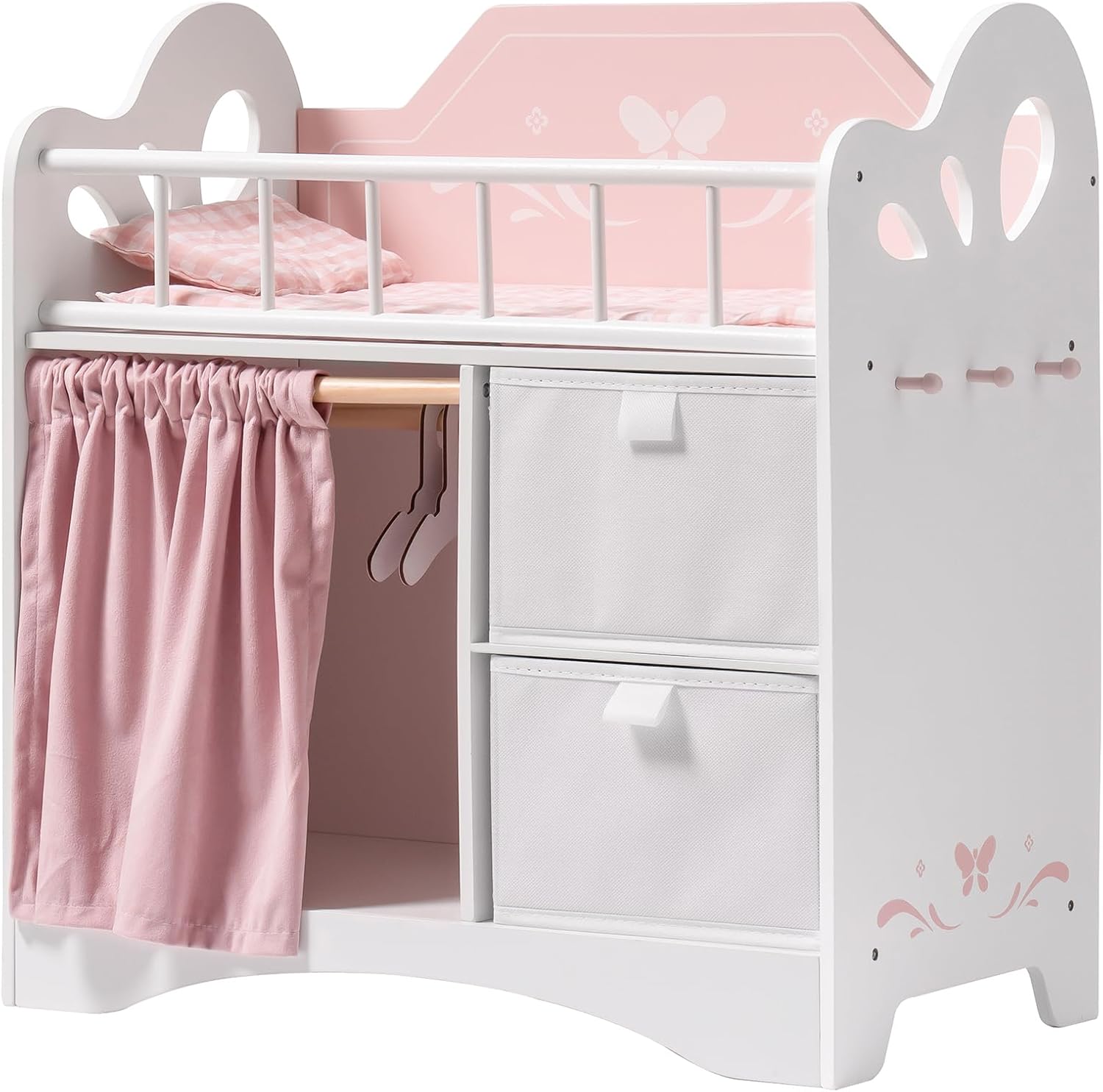 ROBOTIME Baby Doll Crib Age 3+, Kids Wooden Doll Bed with Storage Cabinet and Bedding - Furniture and Accessories and Bedding - Suits for Dolls Under 22", for Toddler Aged 3+ (Pink)