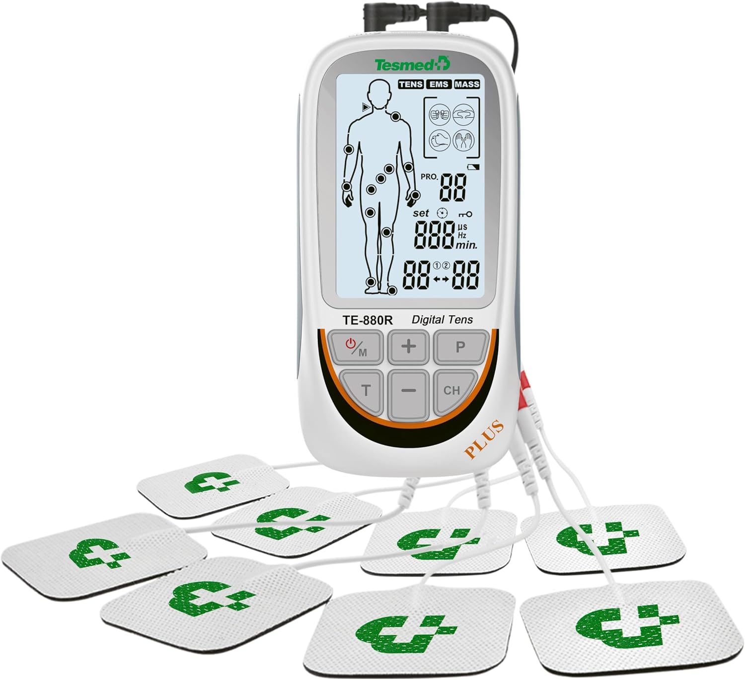 TESMED Rechargeable 3-in-1 TENS Unit EMS Muscle Stimulator & Muscle Massager, Designed for Pain Relief and Muscle Stimulation, 73 Programs, 2 Customizable, 8 Electrodes (TE-880R Plus)