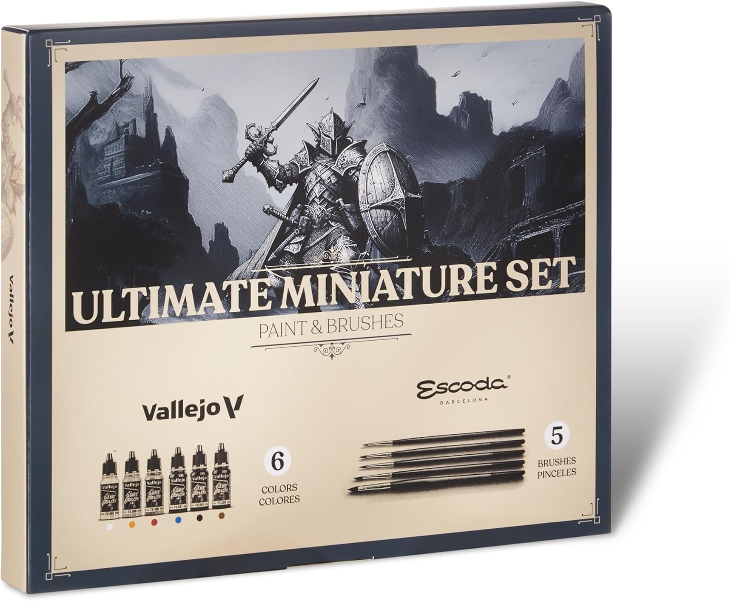 Escoda & Vallejo | Miniature and Modelling | Ultimate Miniature Set | Size 2/0,0,1,2,4 | 5 Brushes (Kolinsky Sable-Tajmyr, Tame, Gold Toray) + 6 Game Color Paints | Round Pointed + Filbert