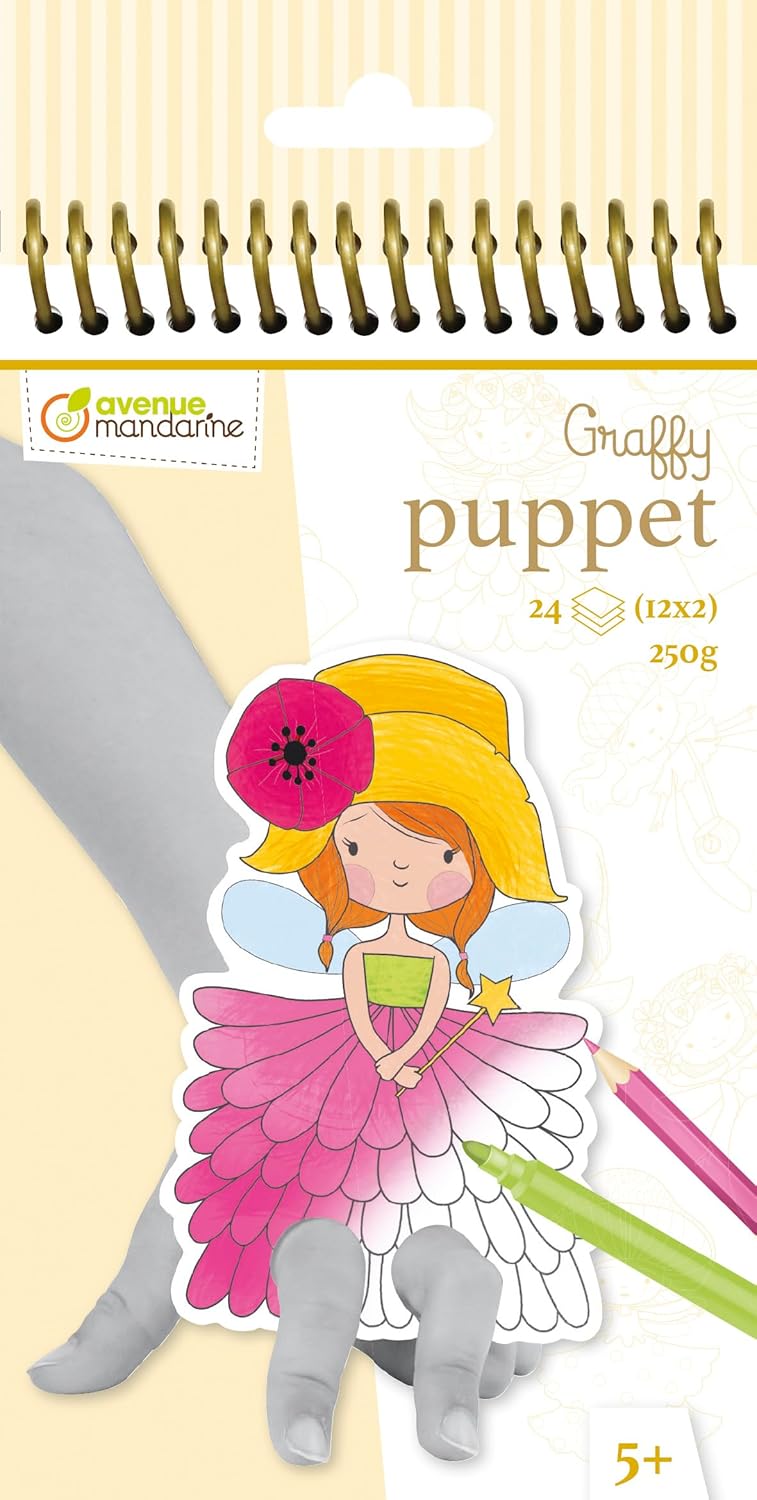 Avenue Mandarine - Ref GY007O - Graffy Pre-Cut Finger Puppets to Colour In & Play - Fairies - Spiral Notebook, 250gsm Clairefontaine Paper, 24 Cards, 12 Designs, Black/White