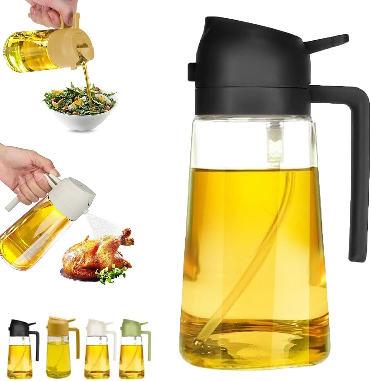 GLSAYZU Oil Dispenser for Kitchen Spray, 16oz Oil Dispenser Bottle for Kitchen, 2 in 1 Glass Oil Sprayer & Dispenser, 2 in 1 Oil Dispenser for Kitchen, Oil Dispenser and Sprayer for Kitchen (Black)
