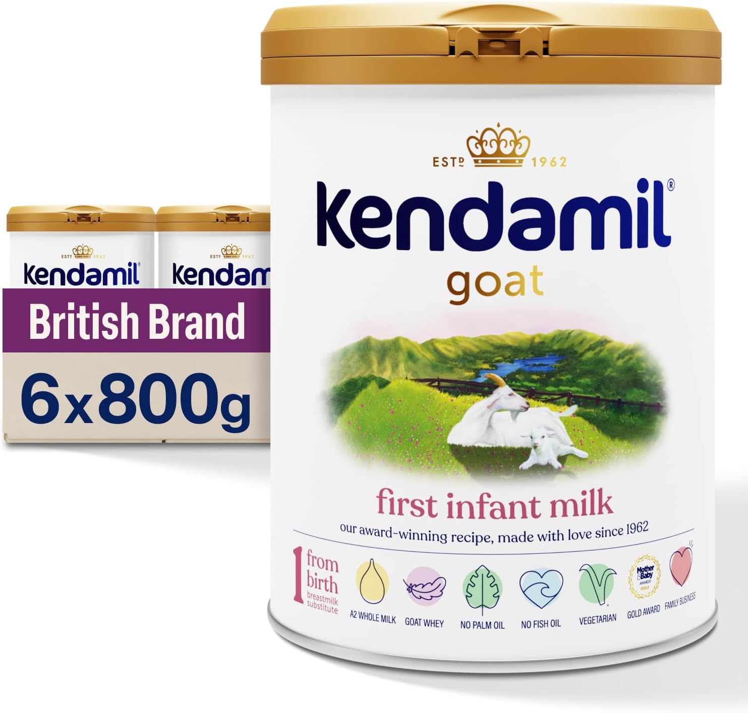 (6x800g) Kendamil Goat First Infant Milk, Stage 1 – British Made, Goat Whole Milk Formula – With HMOs, With A2, No Palm Oil, No Fish Oil, No SOYA, No GMOs
