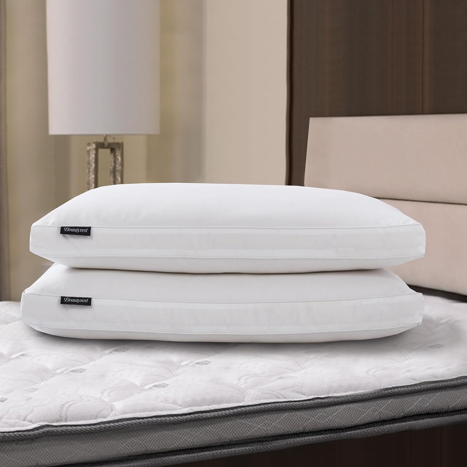 Beautyrest White Feather Down Fiber 2" Gusset Support, Hotel Collection 100% Cotton Hypoallergenic Medium Firm Bed Side Sleeper Pillow, Queen (Pack of 2), 2 Count