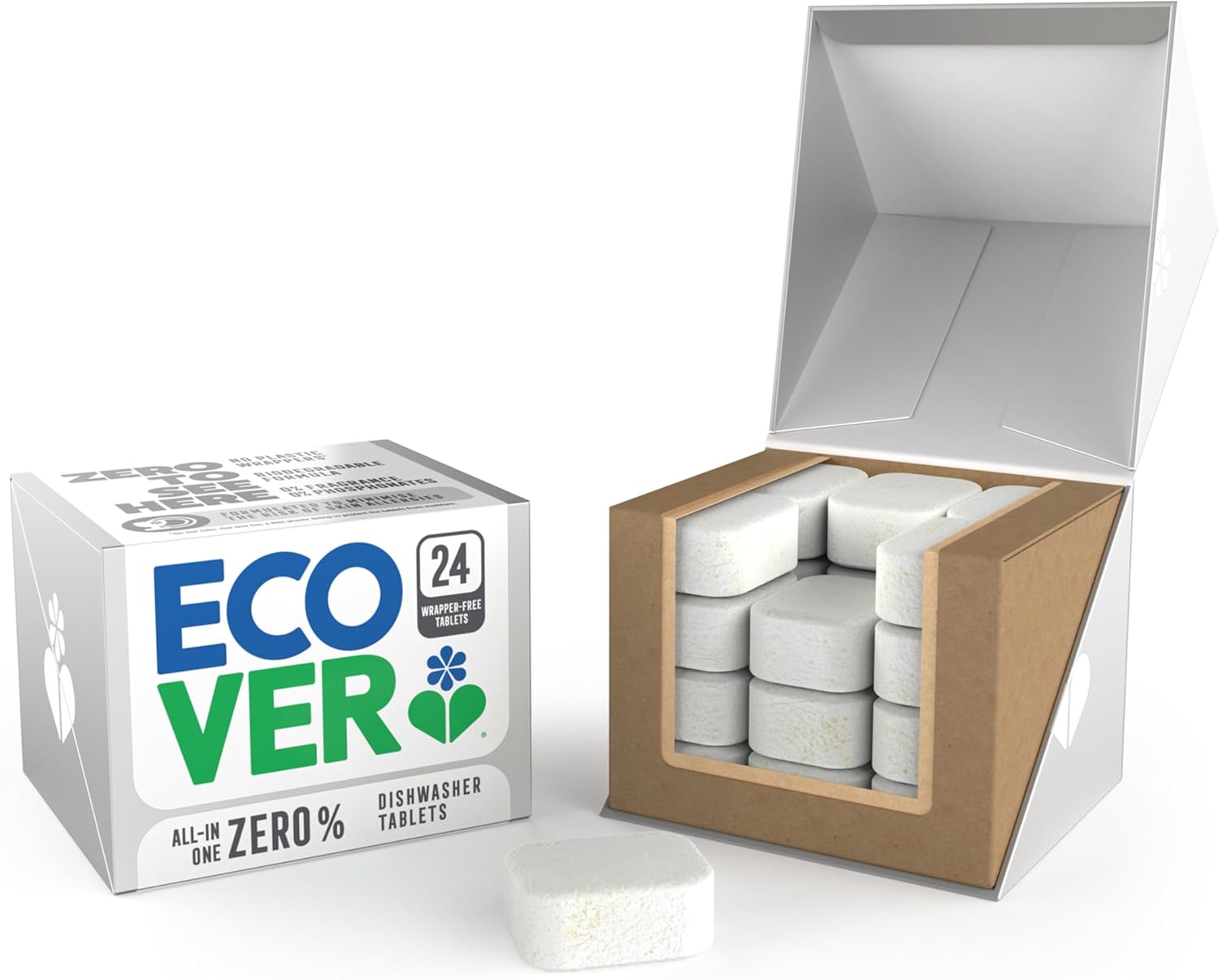 Ecover Zero Dishwasher Tablets, Dishwasher Salt & Rinse Aid Cleaning, Biodegradable Formula, Zero Fragrance, Pack of 1, 24 Tablets