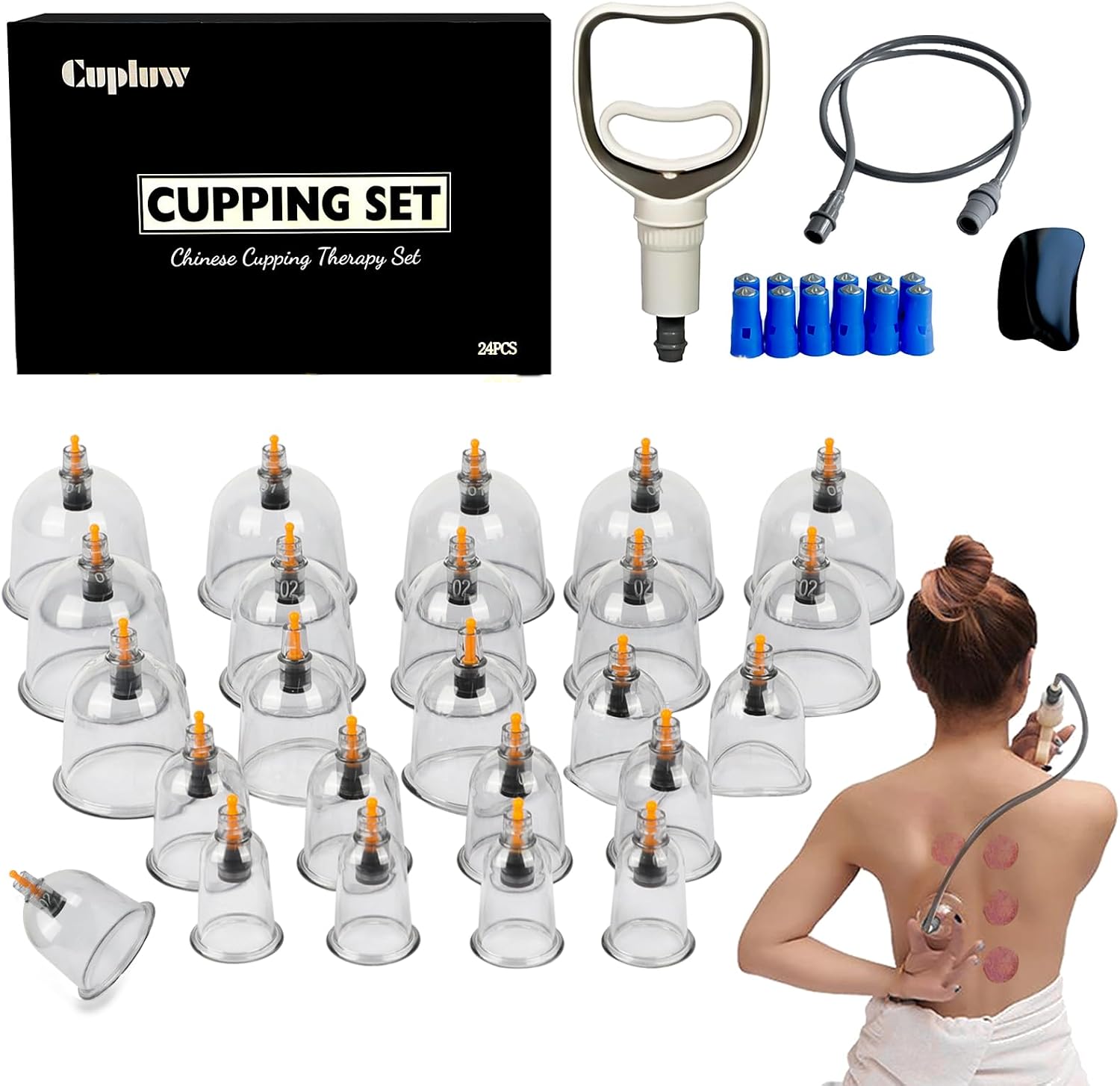 Cupluw Cupping Set, 24 Cups Cupping Kit for Massage Therapy, Chinese Cupping Therapy Set with Magnetics, Professional Vacuum Cupping Set for Cellulite Reduction Muscle Pain Relief with Manual Pump