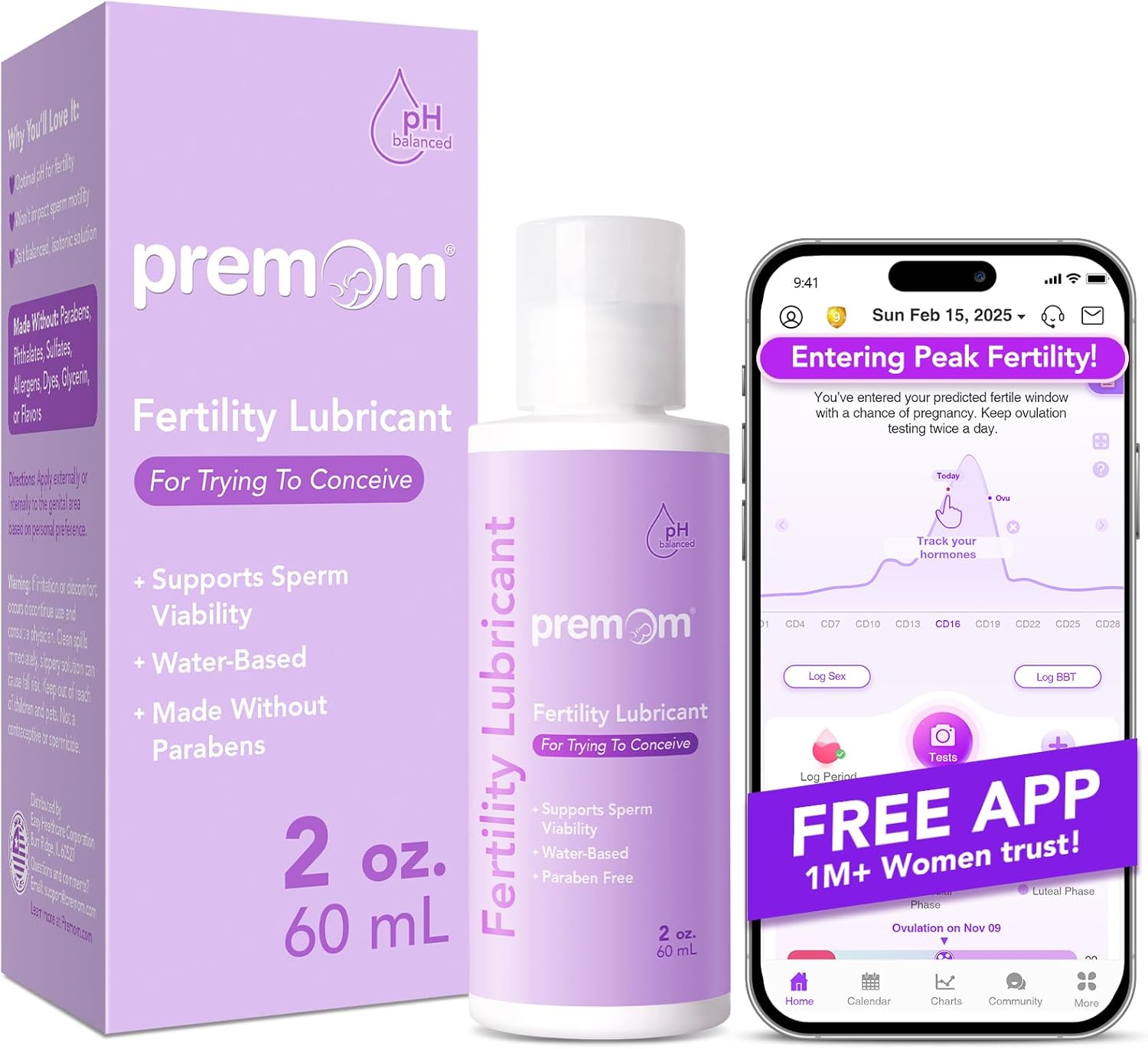 Premom Sperm Friendly Fertility Lubricant Water Based: Glycerin Free - Paraben Free - pH Balanced Pregnancy Prep Lube for Women & Couples Trying to Conceive | 2 Fl Oz - Package May Vary