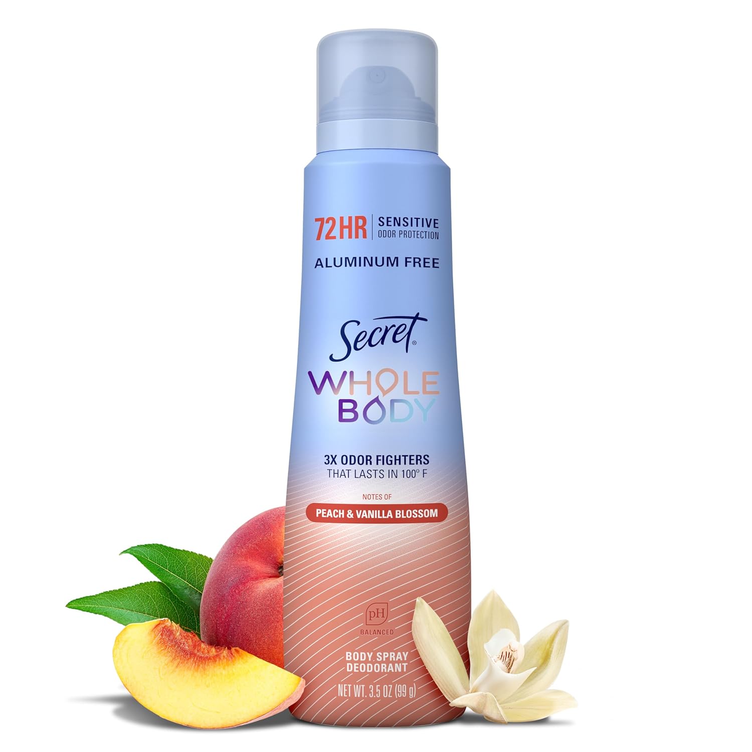 Secret Aluminum Free Whole Body Deodorant Spray for Women, 72hr Sensitive Freshness & Odor Defense, PH Balanced, Invisible Protection, Safe to Use Everywhere, Peach & Vanilla Blossom Scent, 3.5 oz