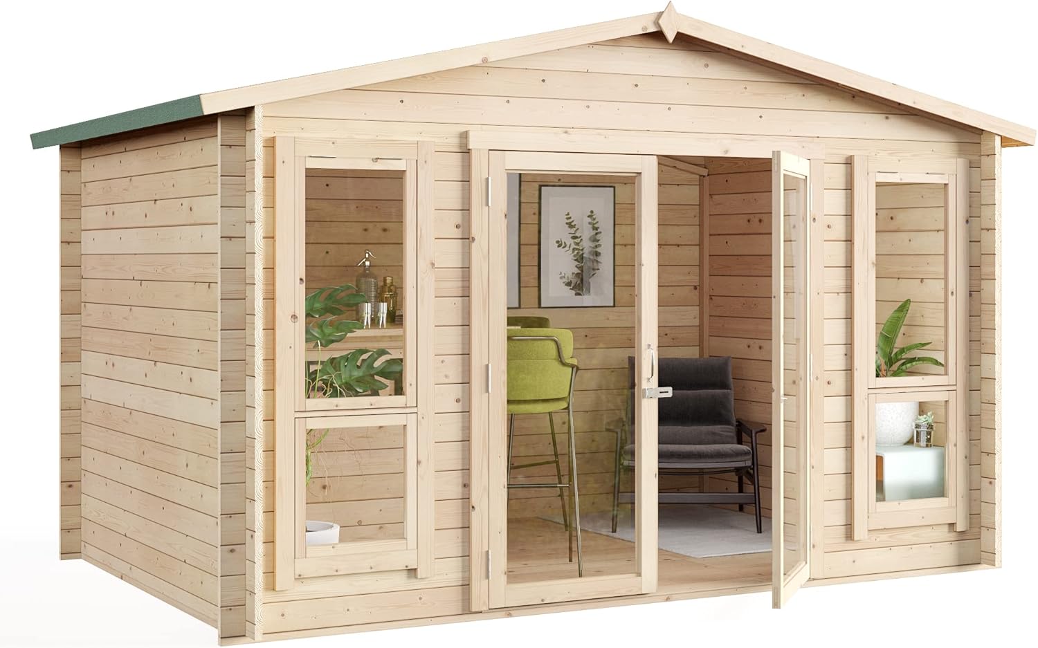 BillyOh Sasha 12 x 8 Log Cabin Summer House Shed β Wooden Garden Room with Apex Roof, Double Doors, Floor, Roof & Felt | Outdoor Office, Home Studio, Tiny Home & Lounge, Easily Assembled Garden House